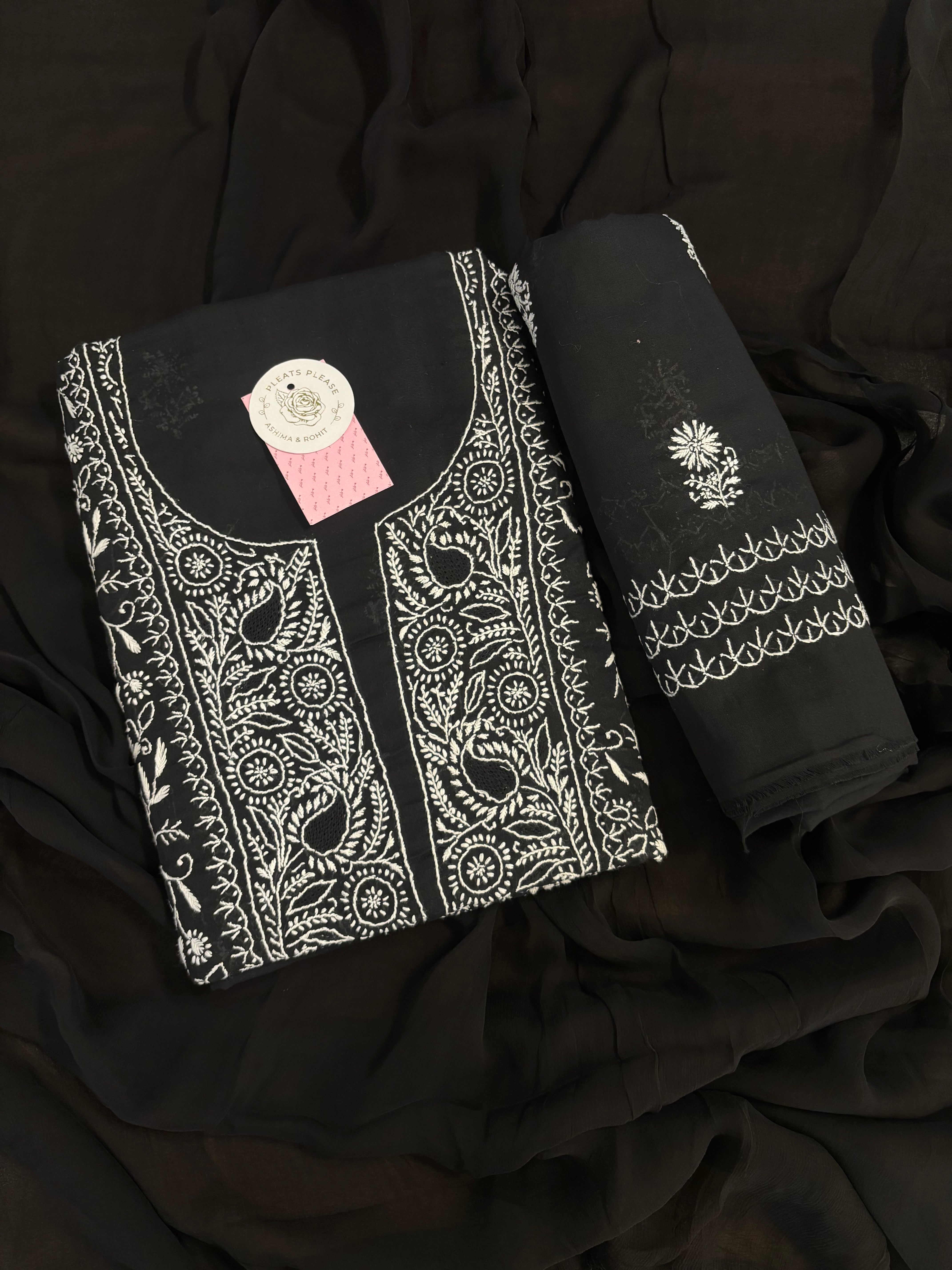 Black Cotton Chikankari Kurta, Dupatta With Bottom
