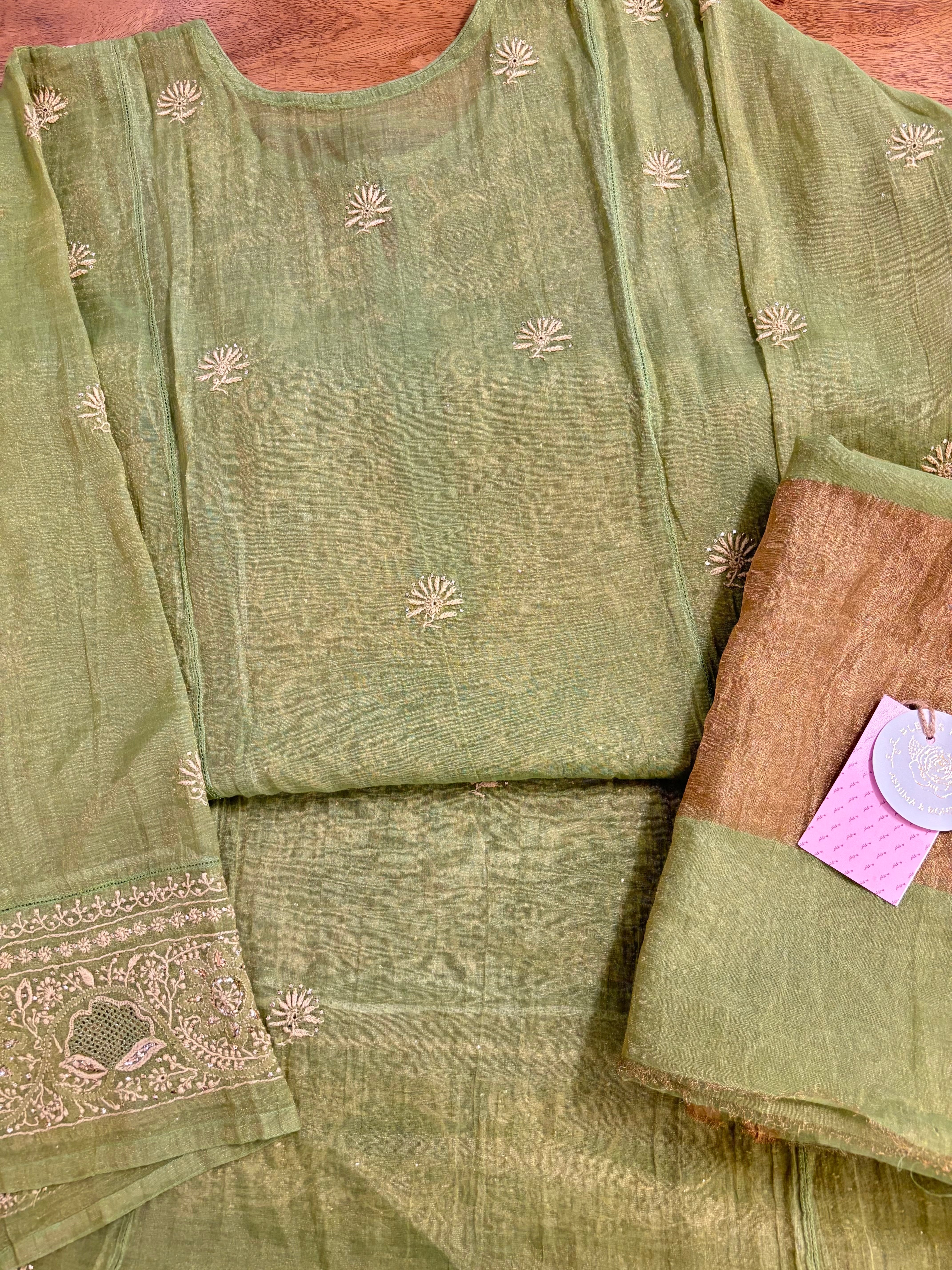 Warm Green Pure & Premium Tissue Chikankari Mukaish Kurta & Dupatta