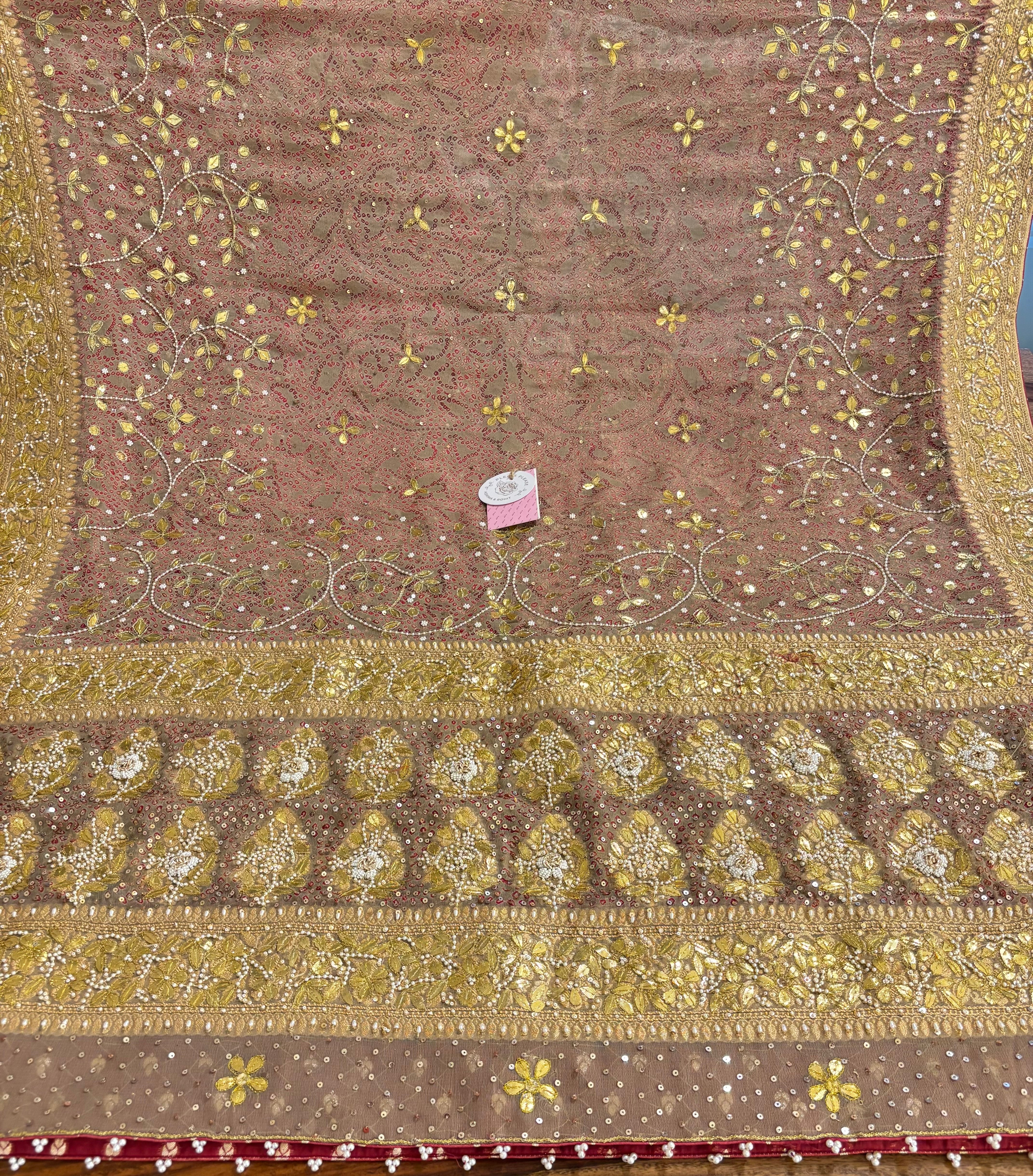 Beige-Red Pure & Premium Georgette Gota Patti Bandhej Zardozi Dupatta - Pleats PleaseChikankari