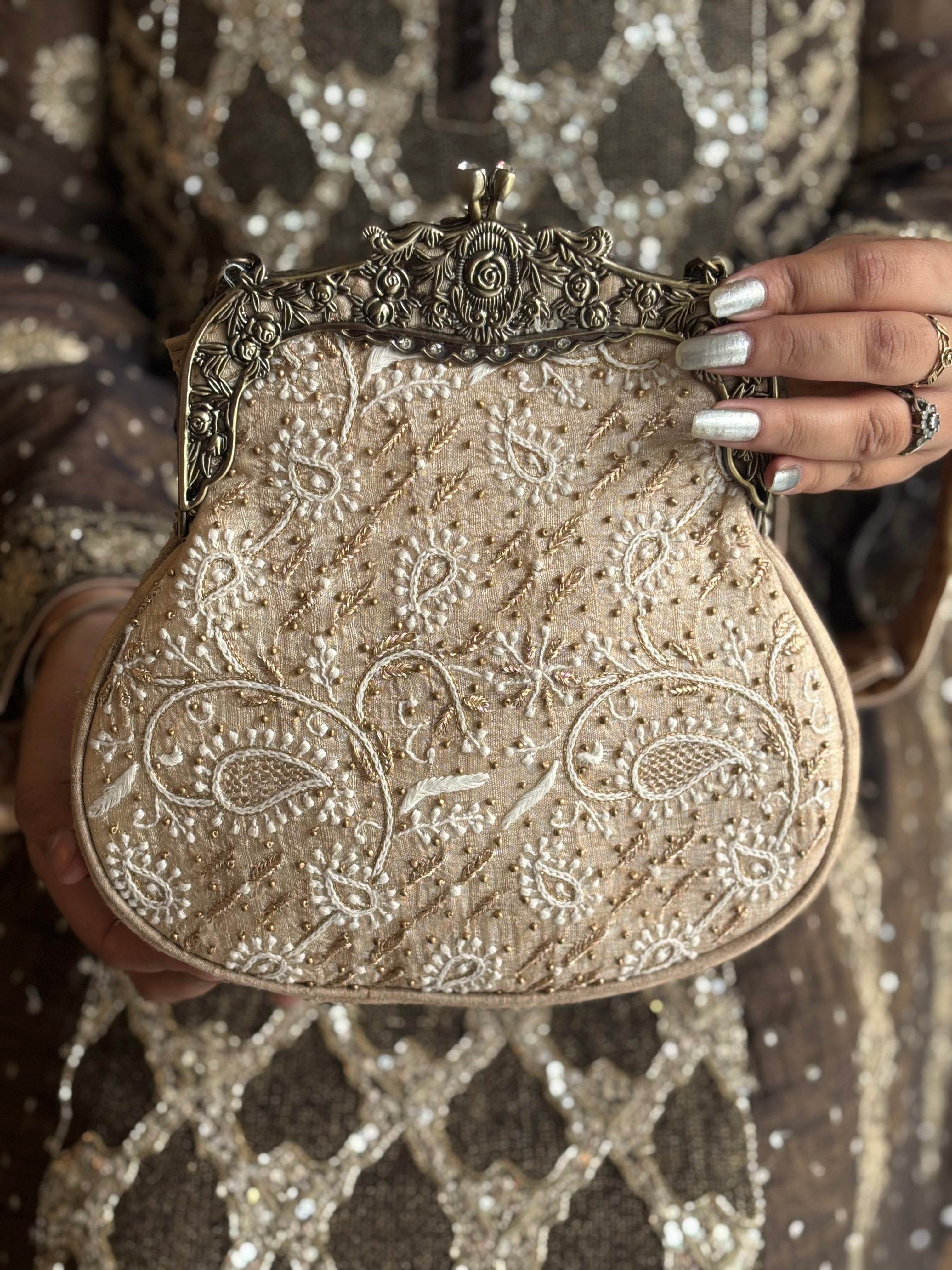 Beige Silk Chikankari Clutch