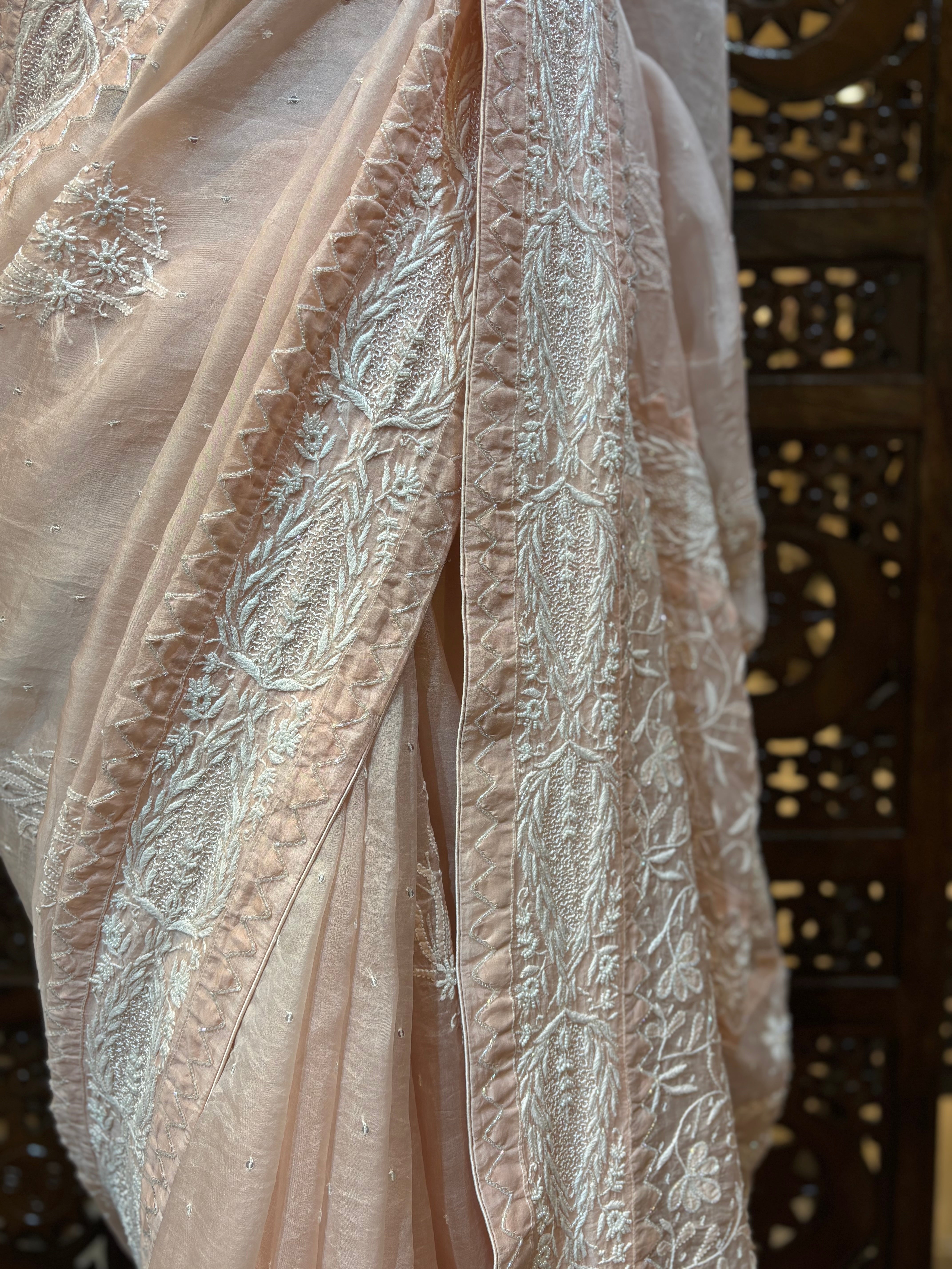 Blush Pink Organza Silk Chikankari Saree and Blouse - Pleats PleaseChikankari