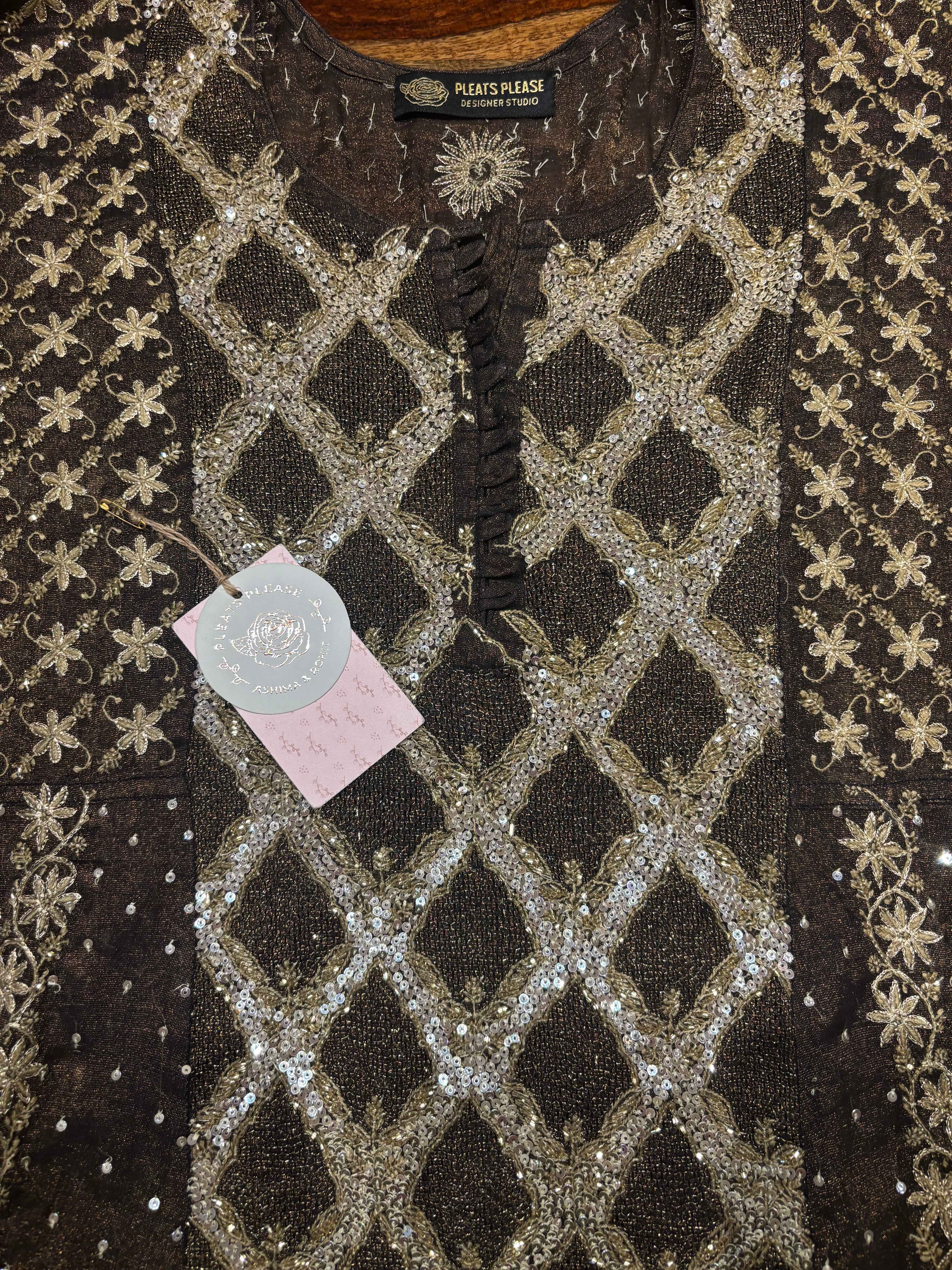 Black Pure Tissue Anarkali And Dupatta set - Pleats PleaseChikankari