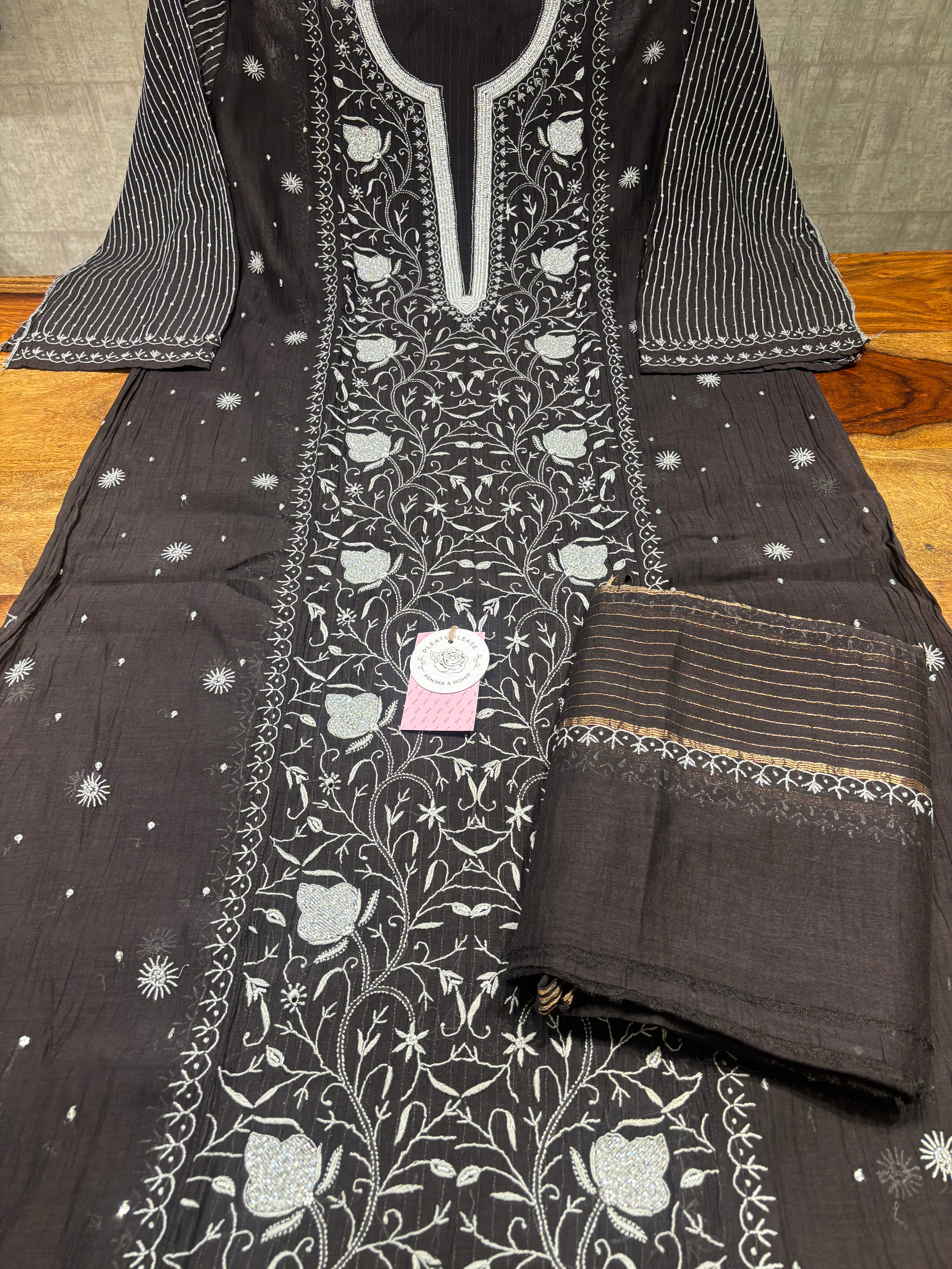 Black Chanderi Mul Chikankari Kurta & Dupatta Set
