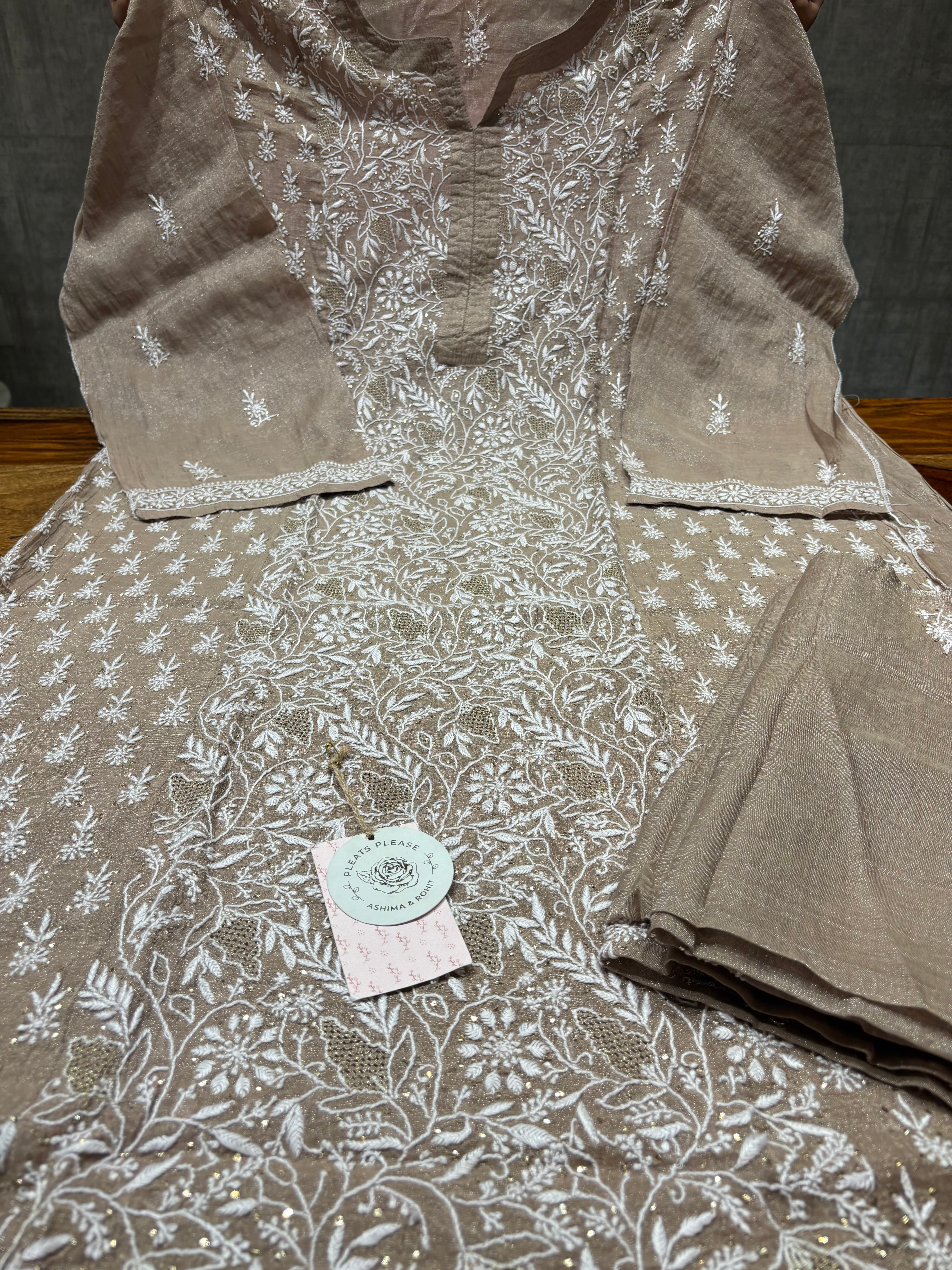 Brown Pure And Premium Tissue Chikankari Kurta And Dupatta Set
