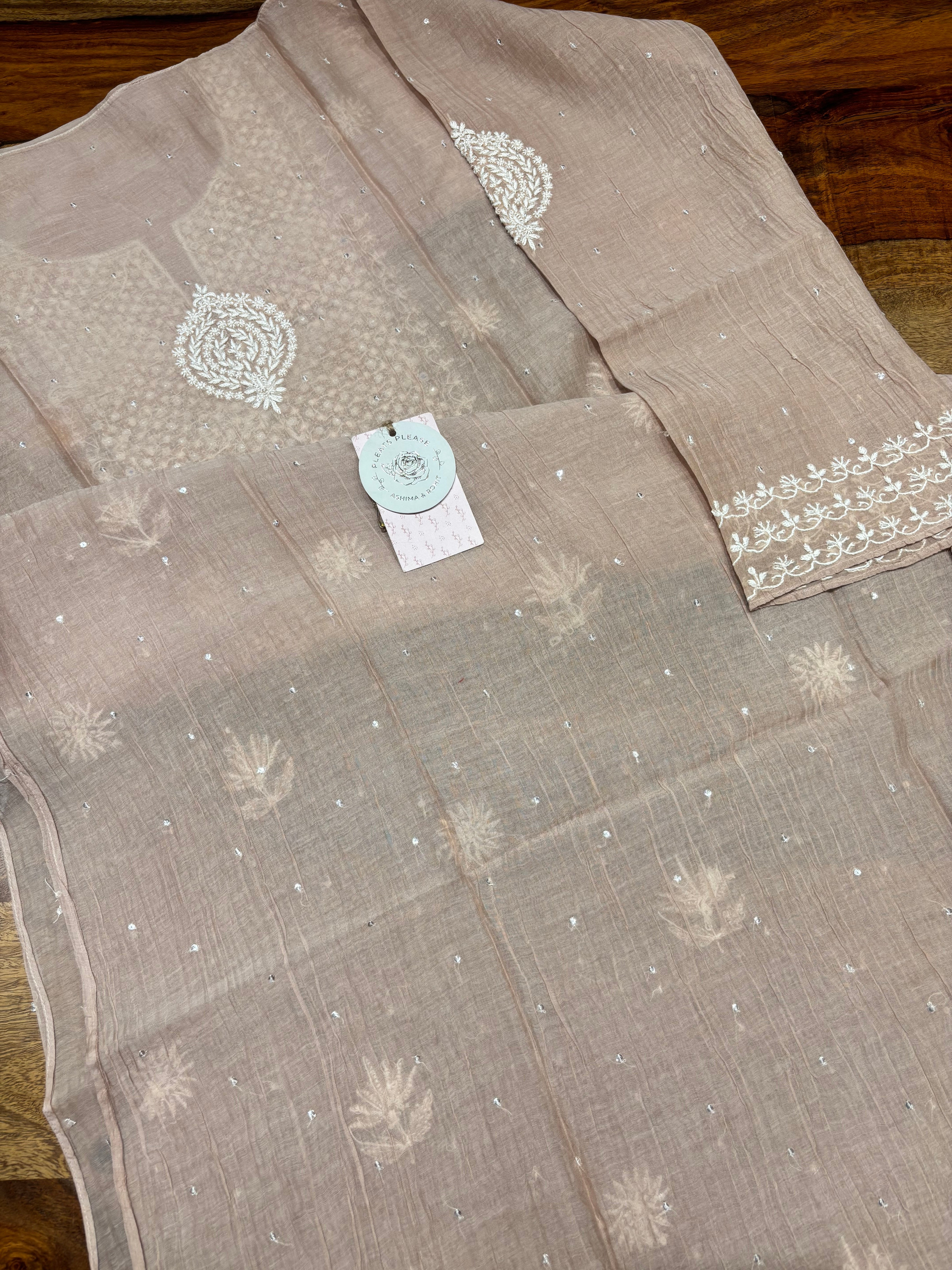 Dusty Peach Chanderi Mul Chikankari Kurta & Dupatta Set