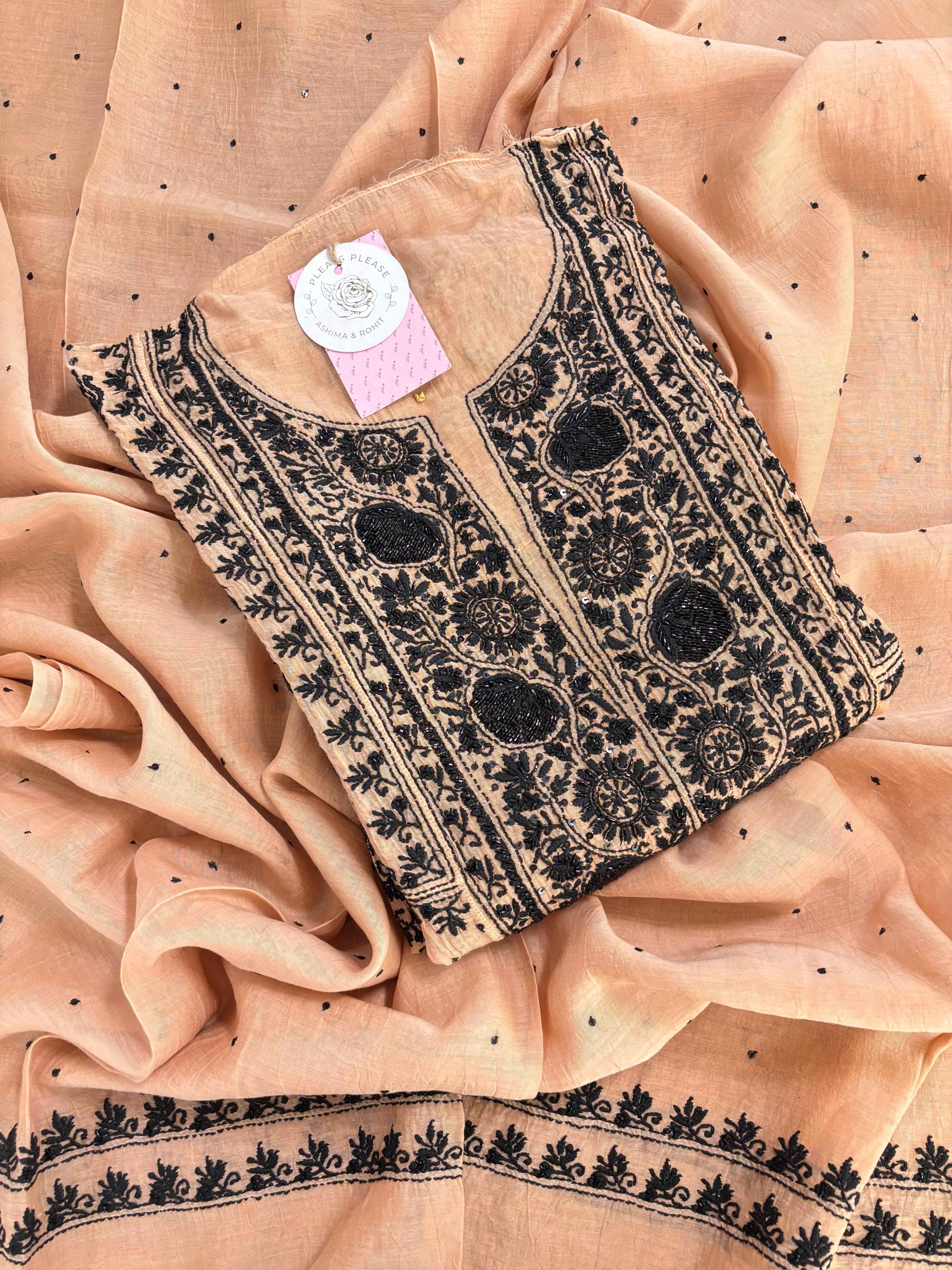 Apricot Peach Chanderi Chikankari A-Line Kurta & Dupatta