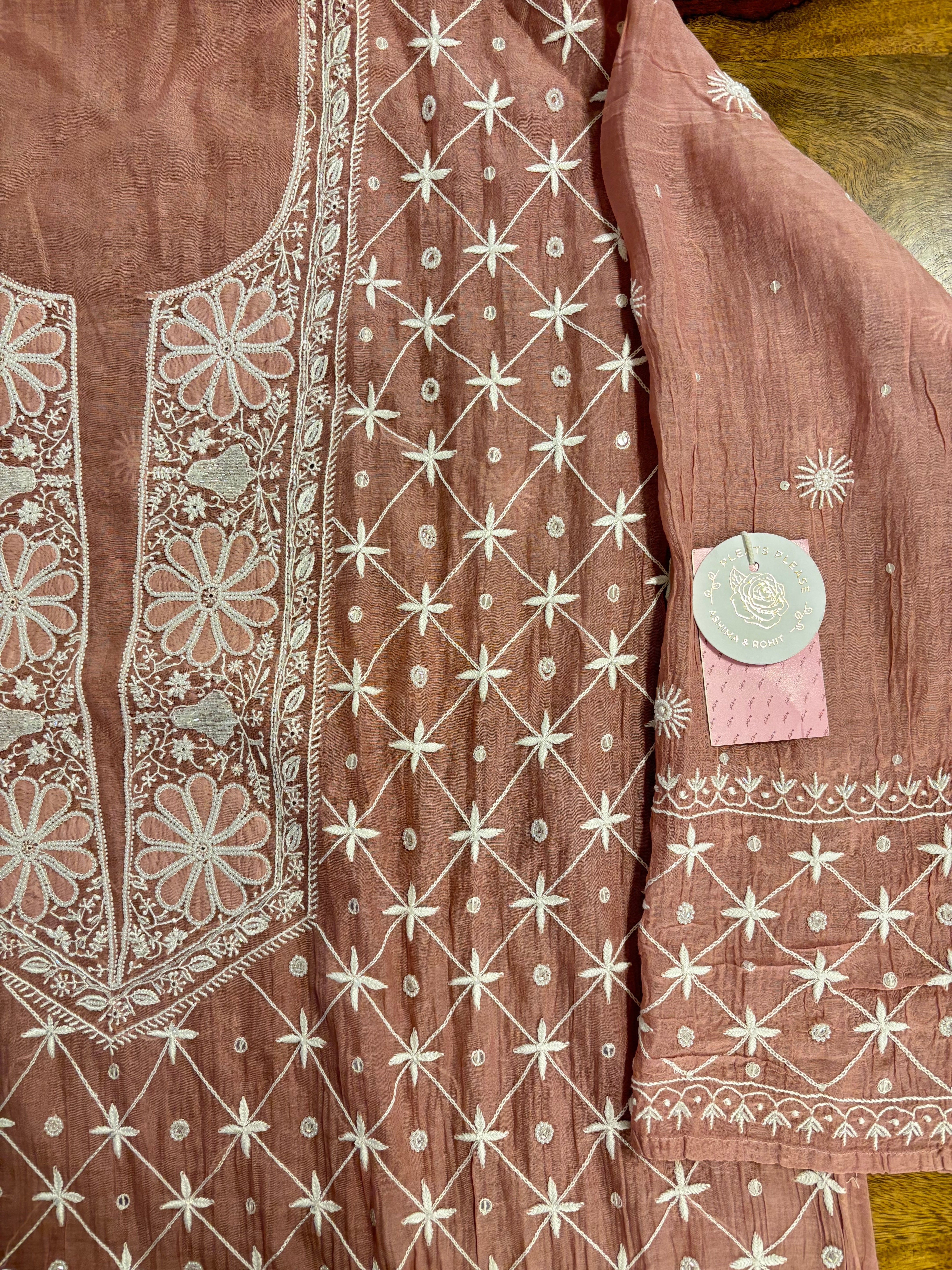 Dusty Peach Chanderi Mul Chikankari Kurta & Heavy Dupatta