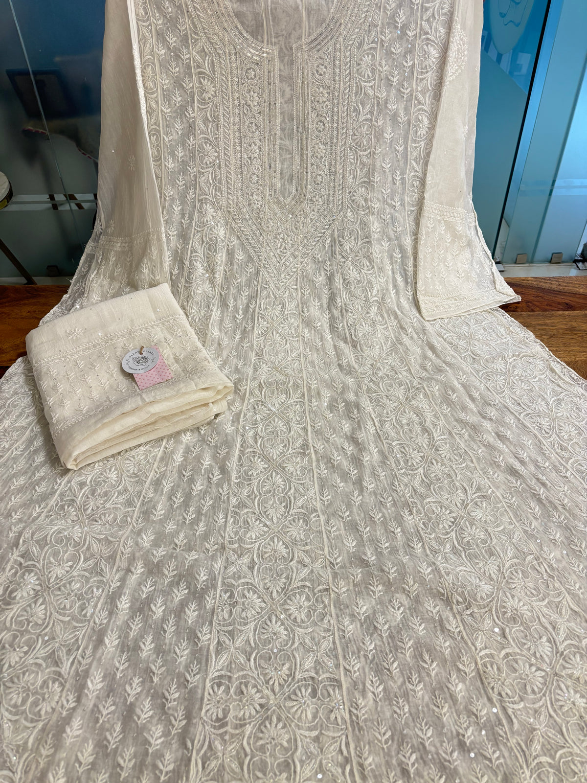 Dyeable Chanderi Mul Chikankari A- Line & Dupatta