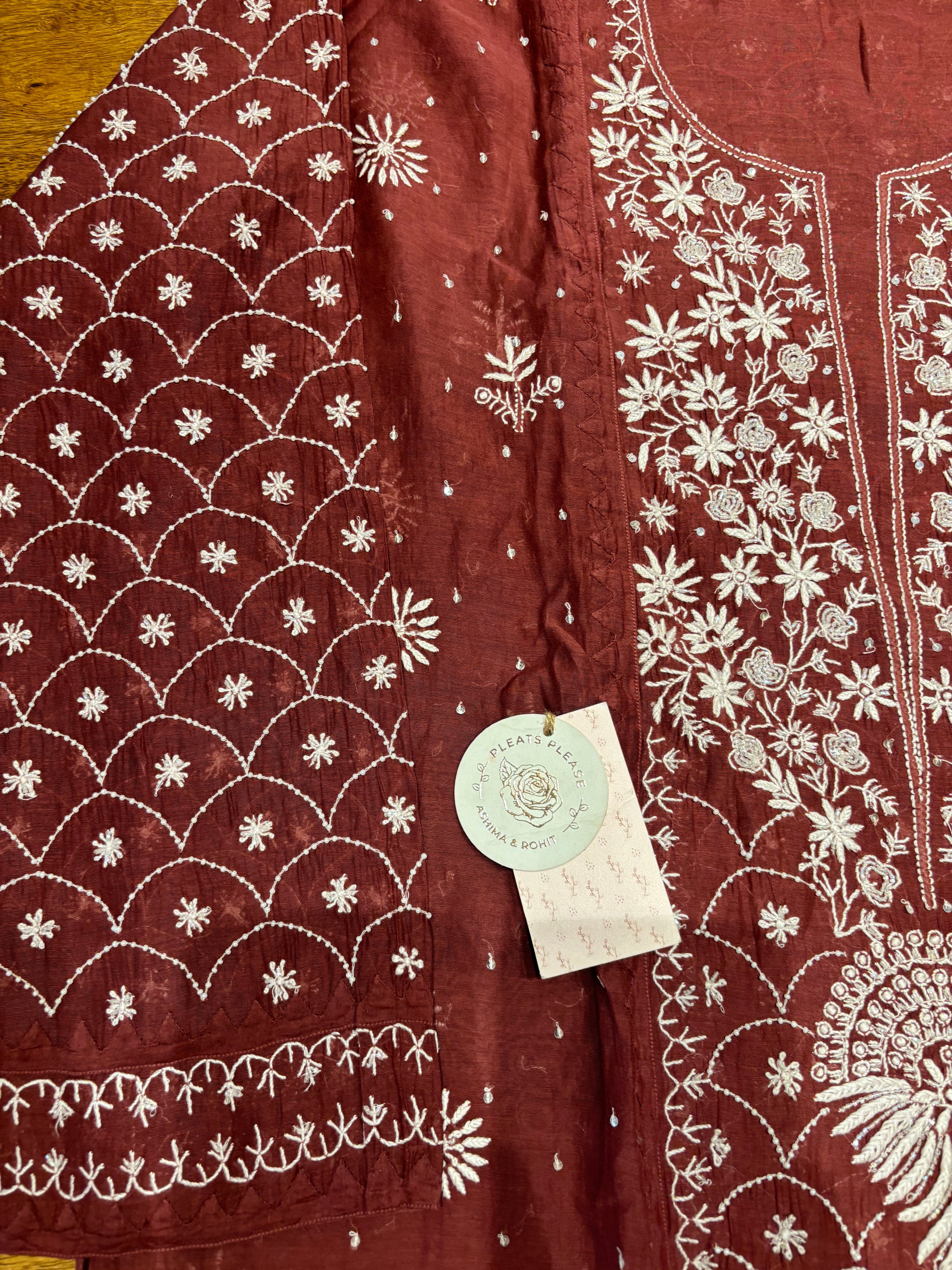 Red Cherrywood Chanderi mul Chikankari Kurta and Dupatta set