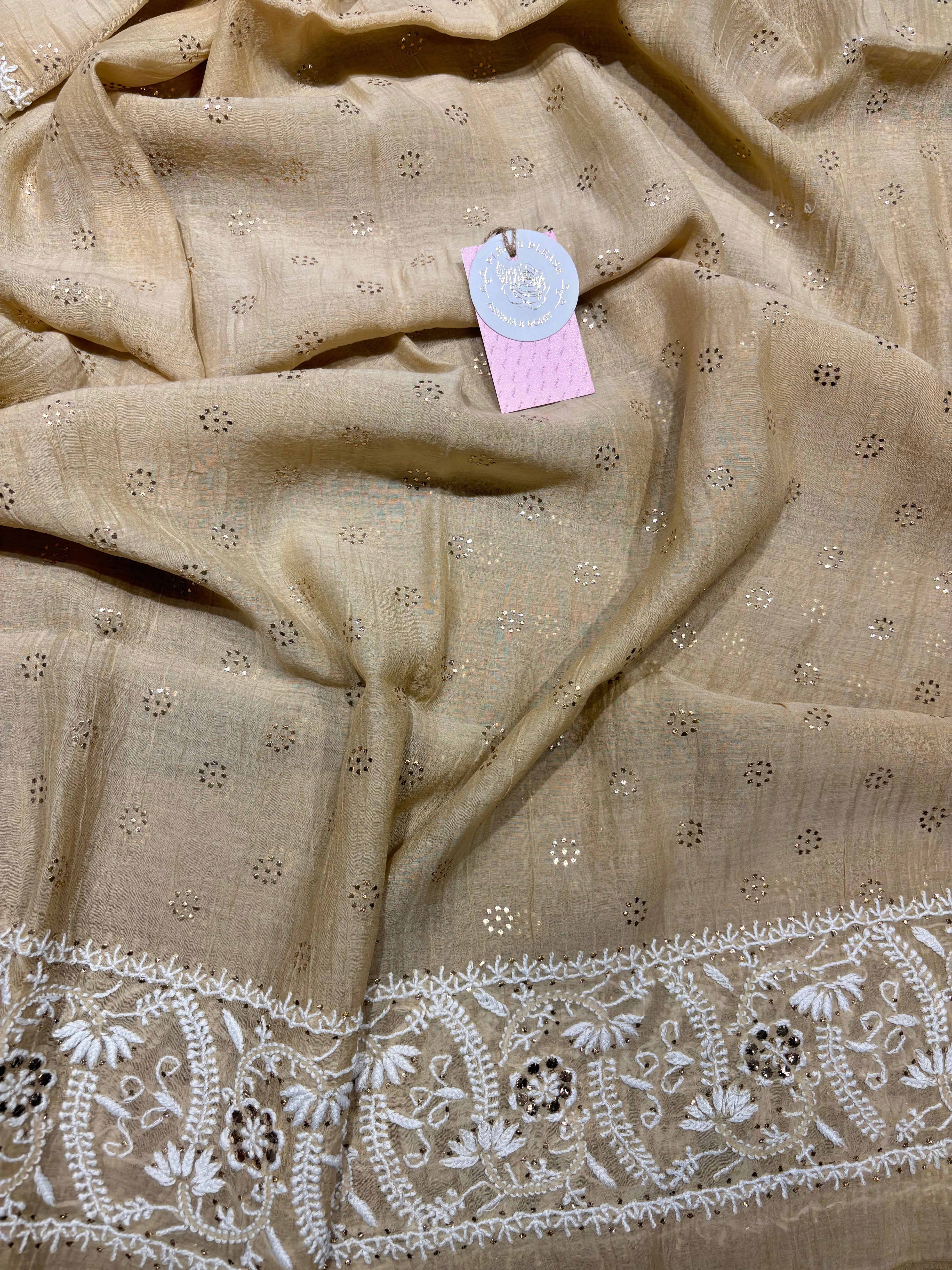 Beige Chanderi Mul Chikankari and Mukaish kurta and Dupatta set