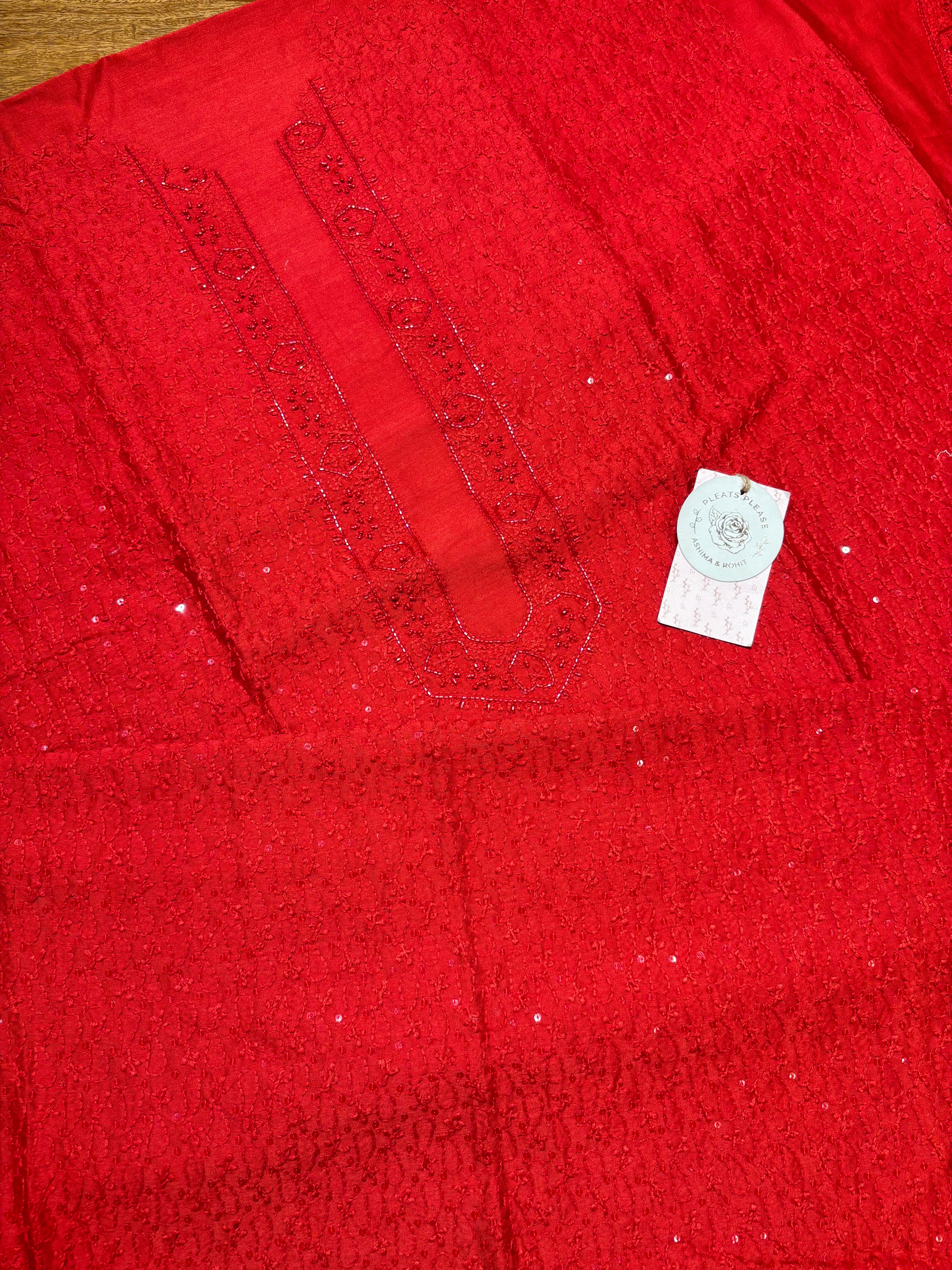Red Chanderi Silk Chikankari Men’s Kurta Fabric