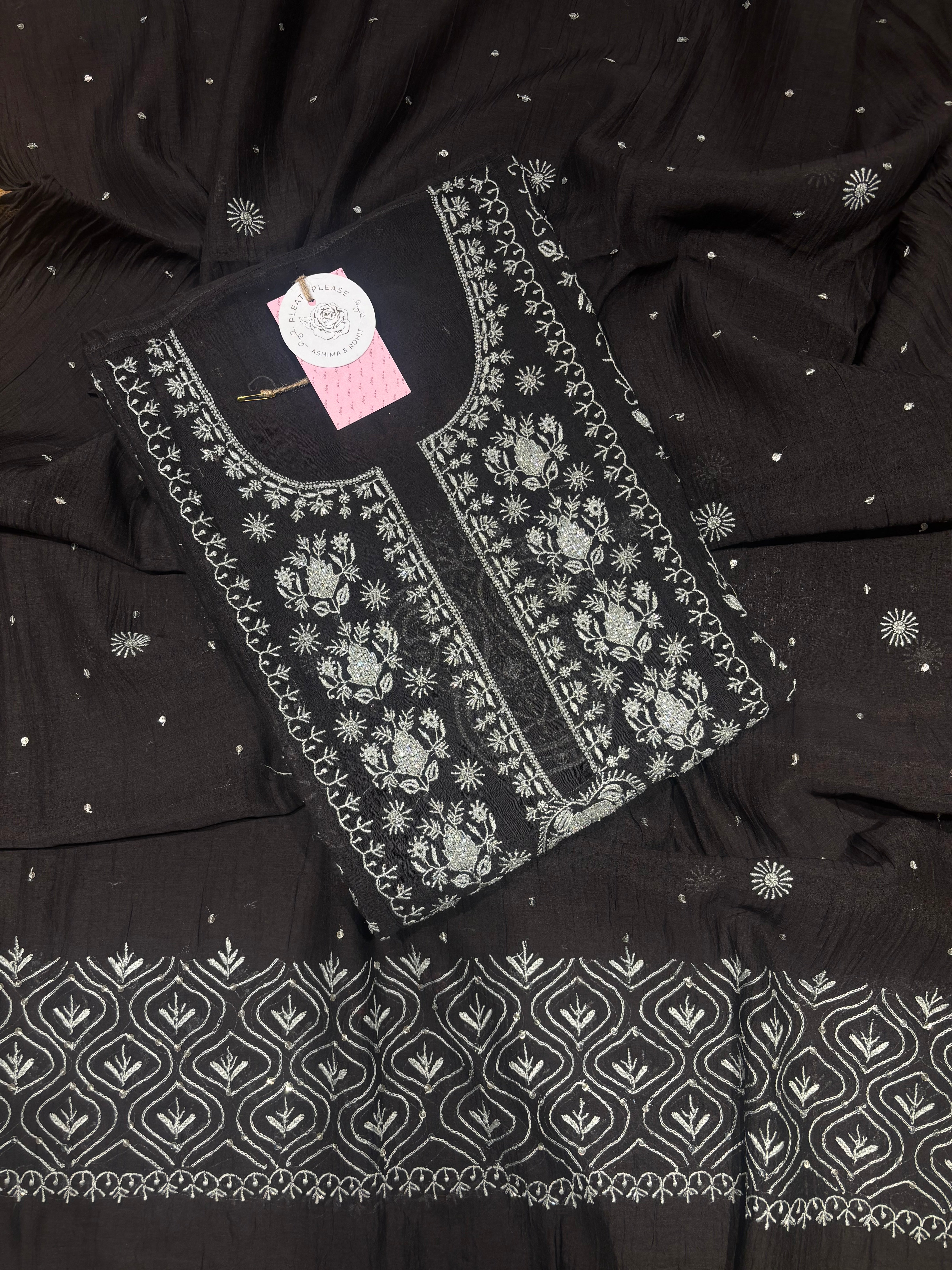 Black Chanderi Mul Chikankari Kurta & Dupatta Set
