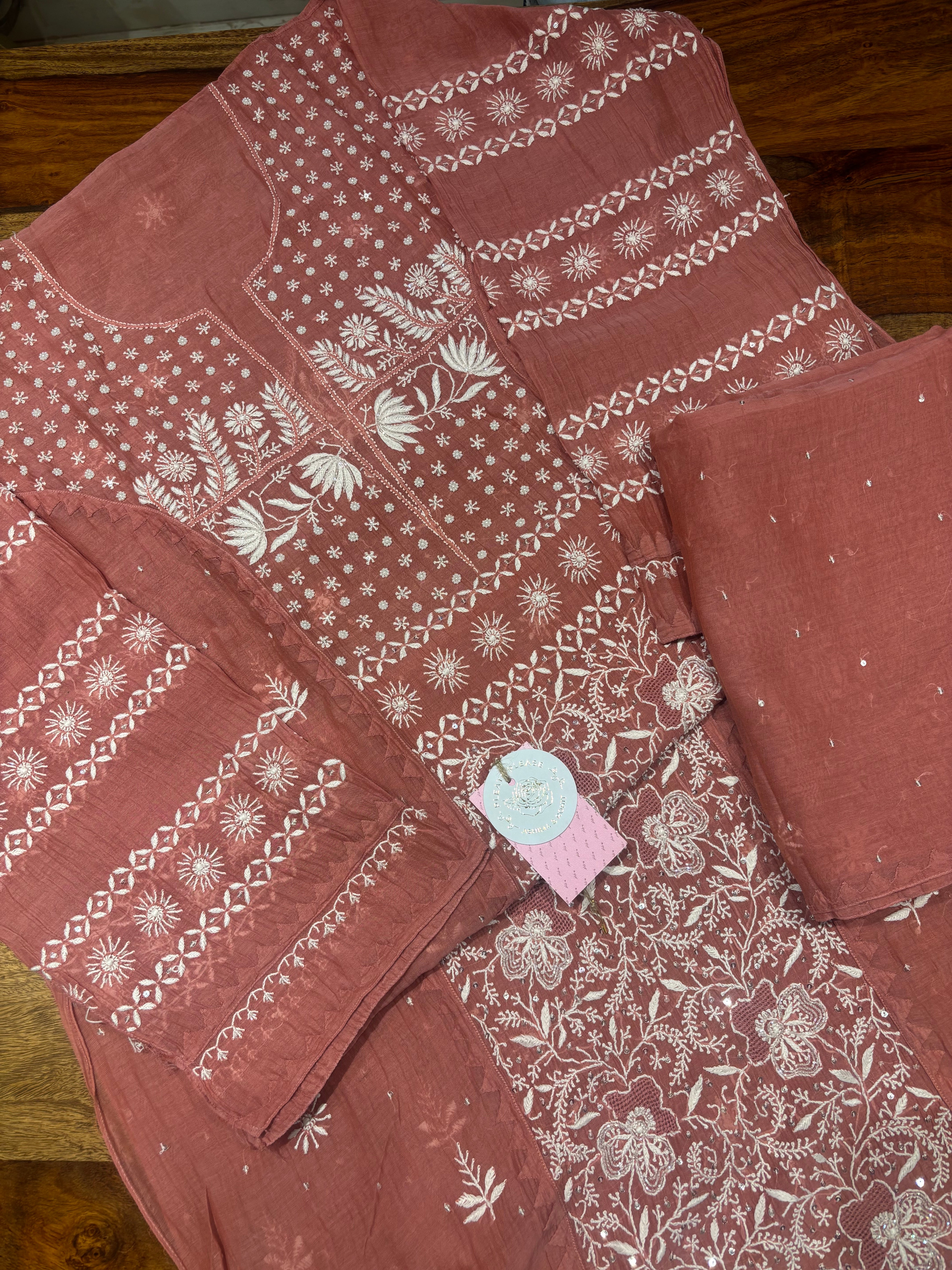 Coral Chanderi Mul Chikankari Kurta & Dupatta Set