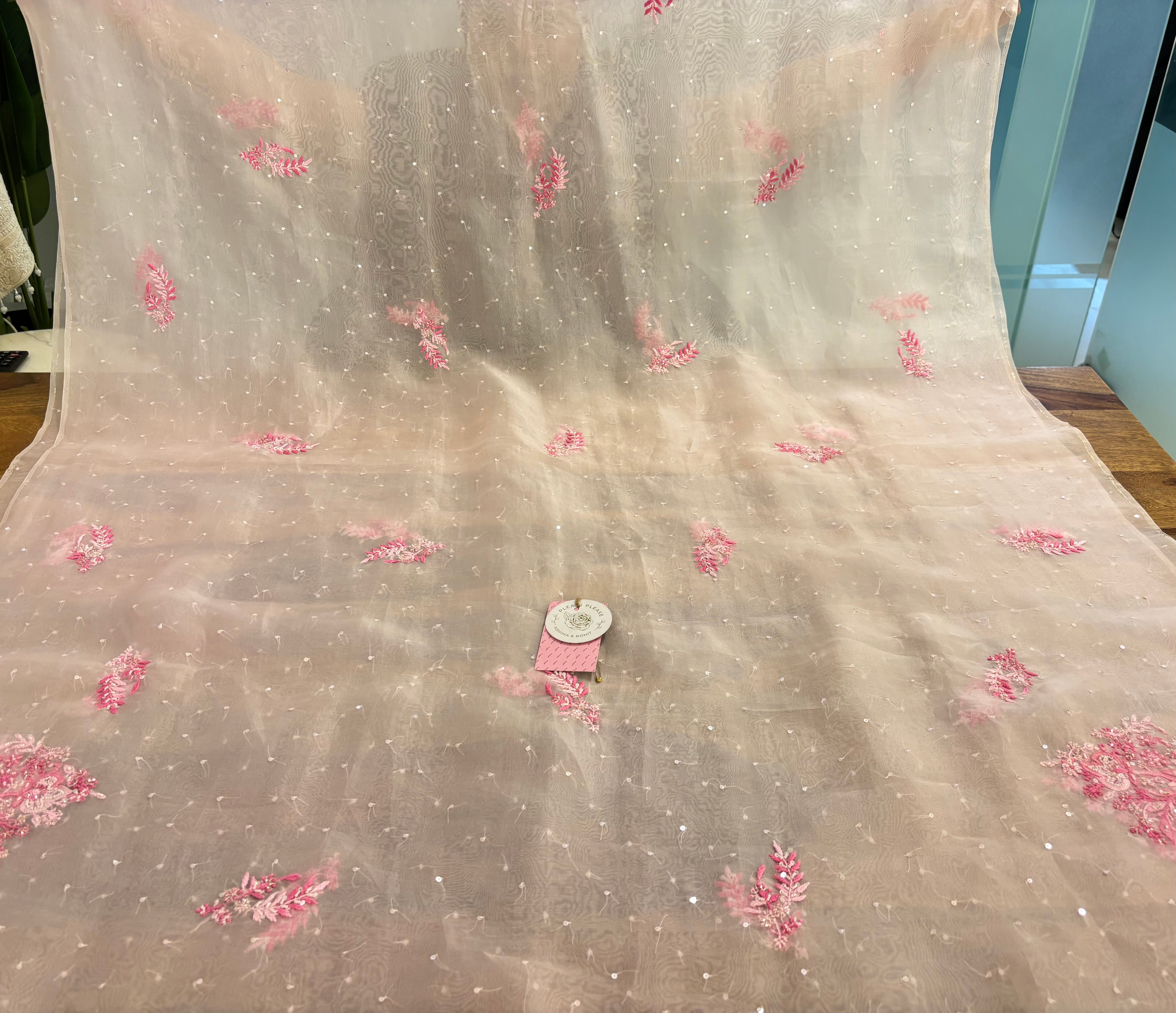 Baby Pink Organza Chikankari A-Line Kurta & Dupatta