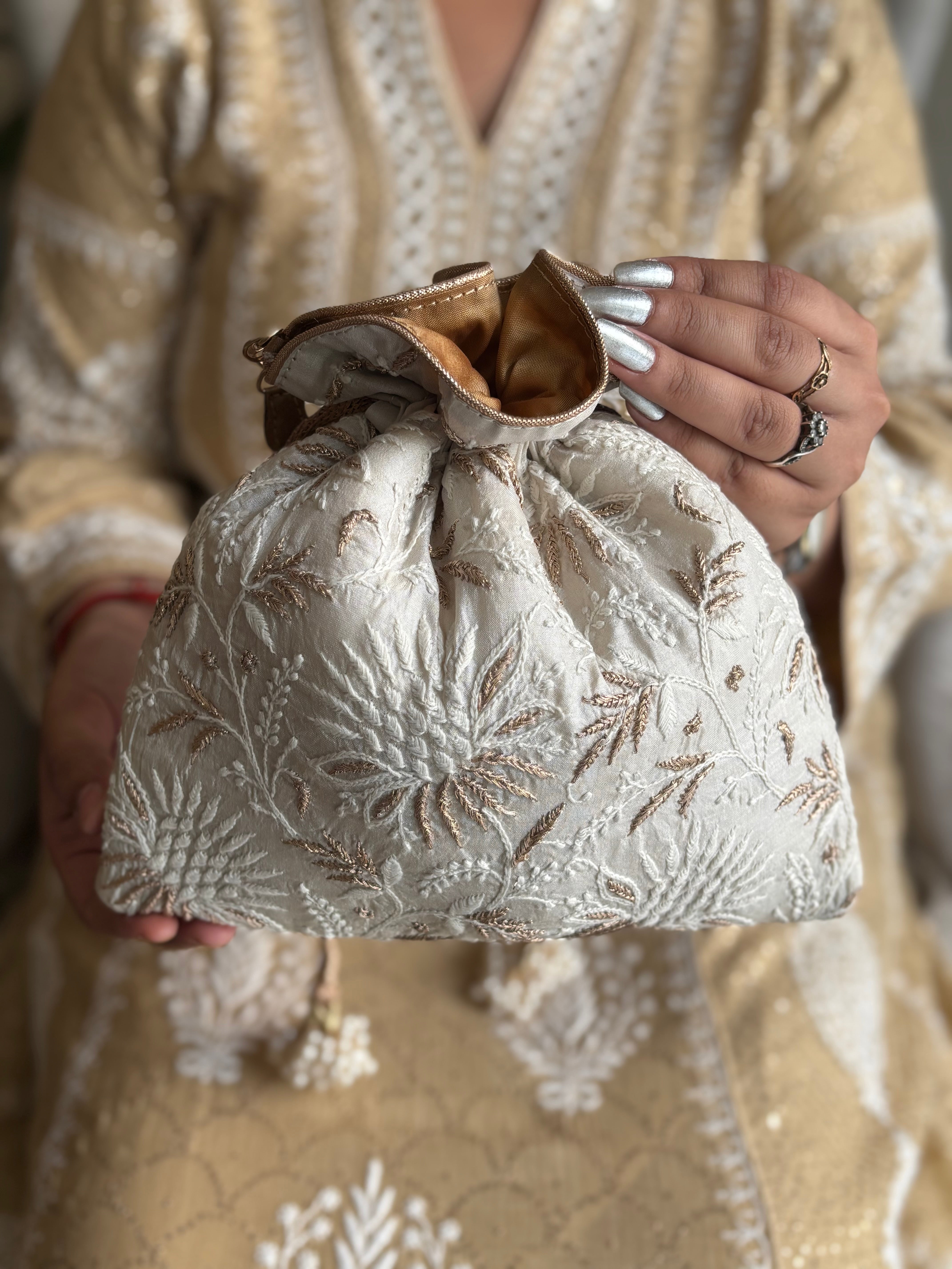 Ivory Silk Chikankari Potli