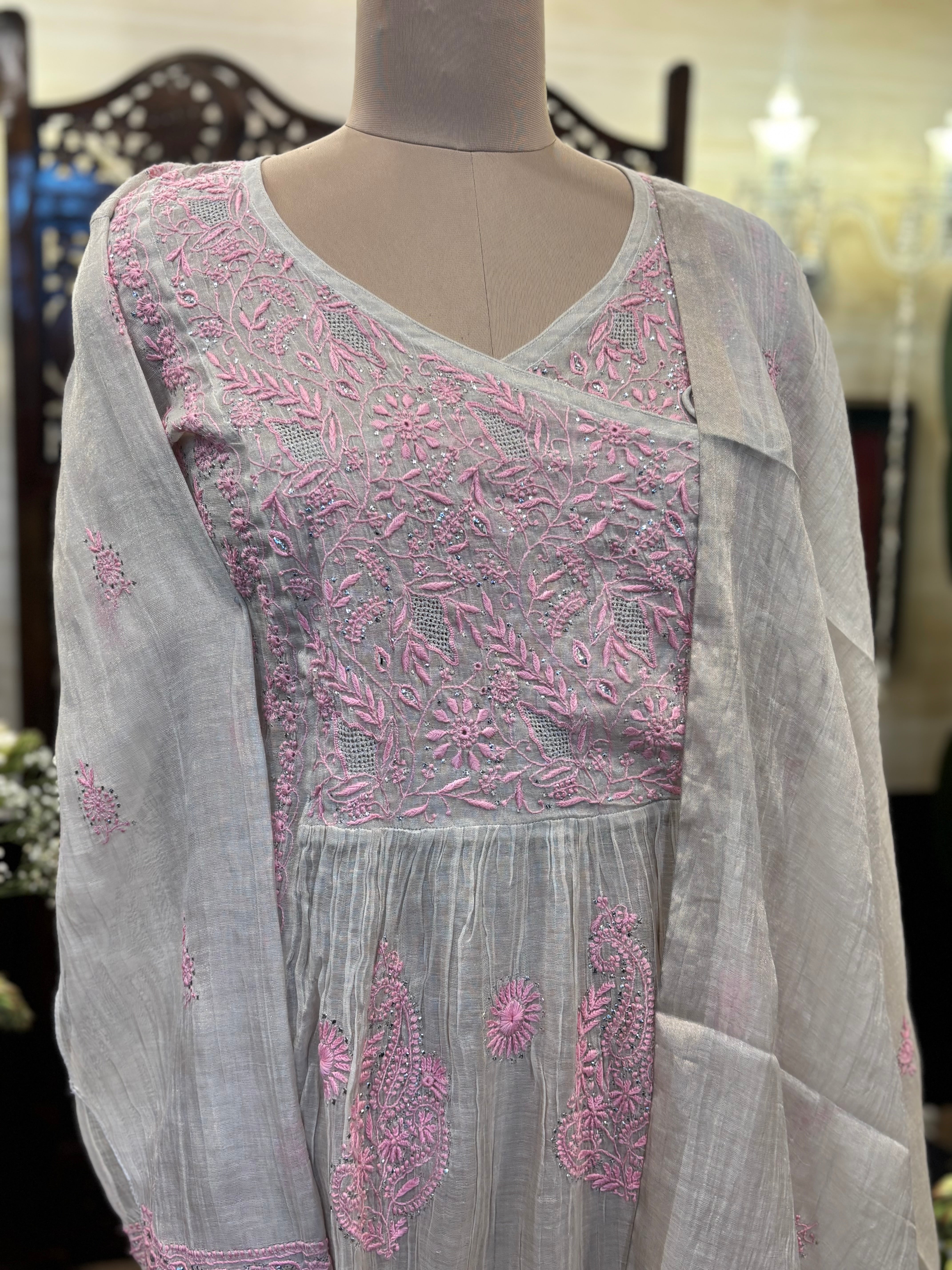 Dyeable pure and premium Tissue Chikankari & Mukaish Angrakha Kurta and Dupatta Set