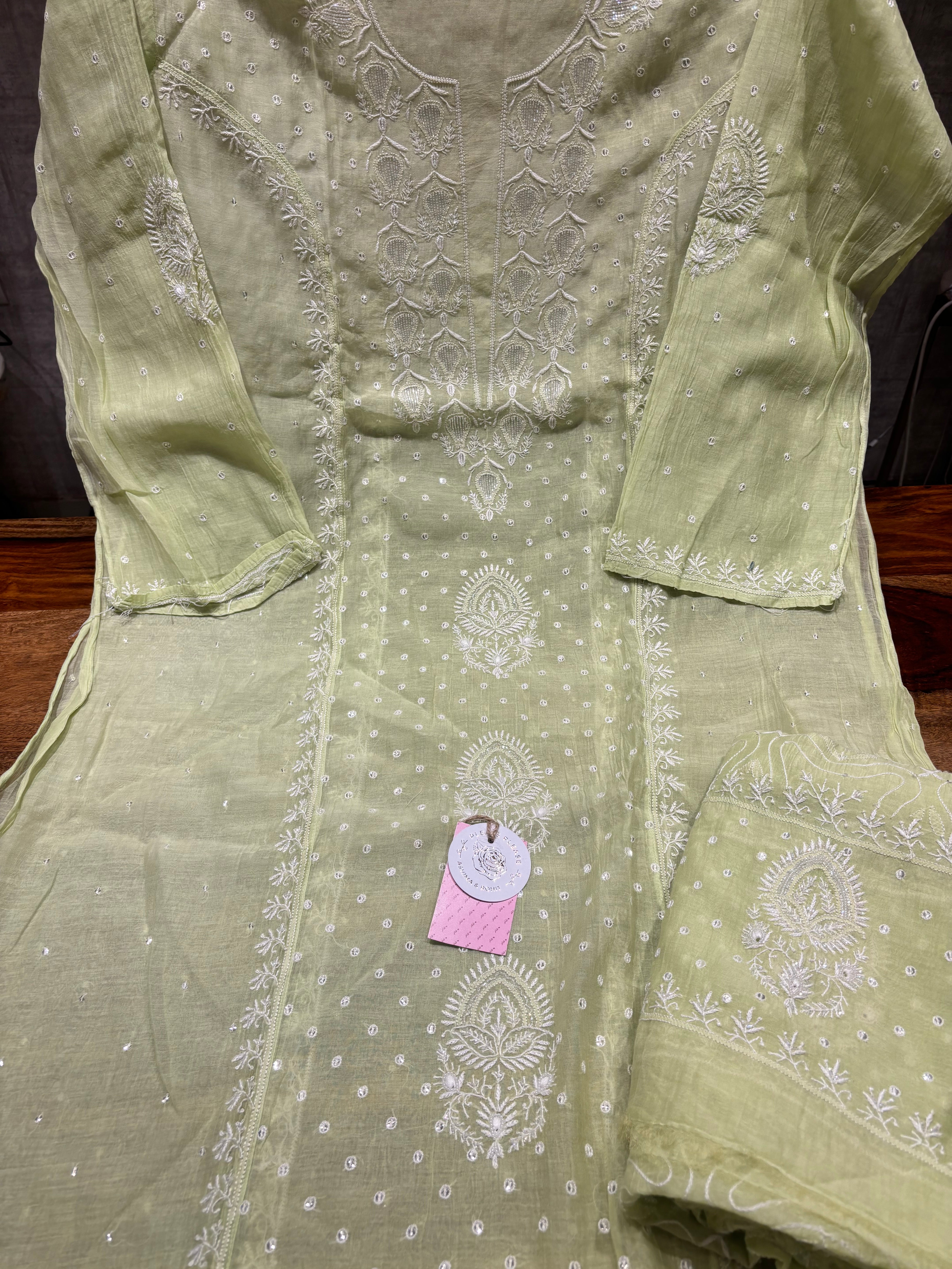 Green Chanderi mul Chikankari kurta and Dupatta set