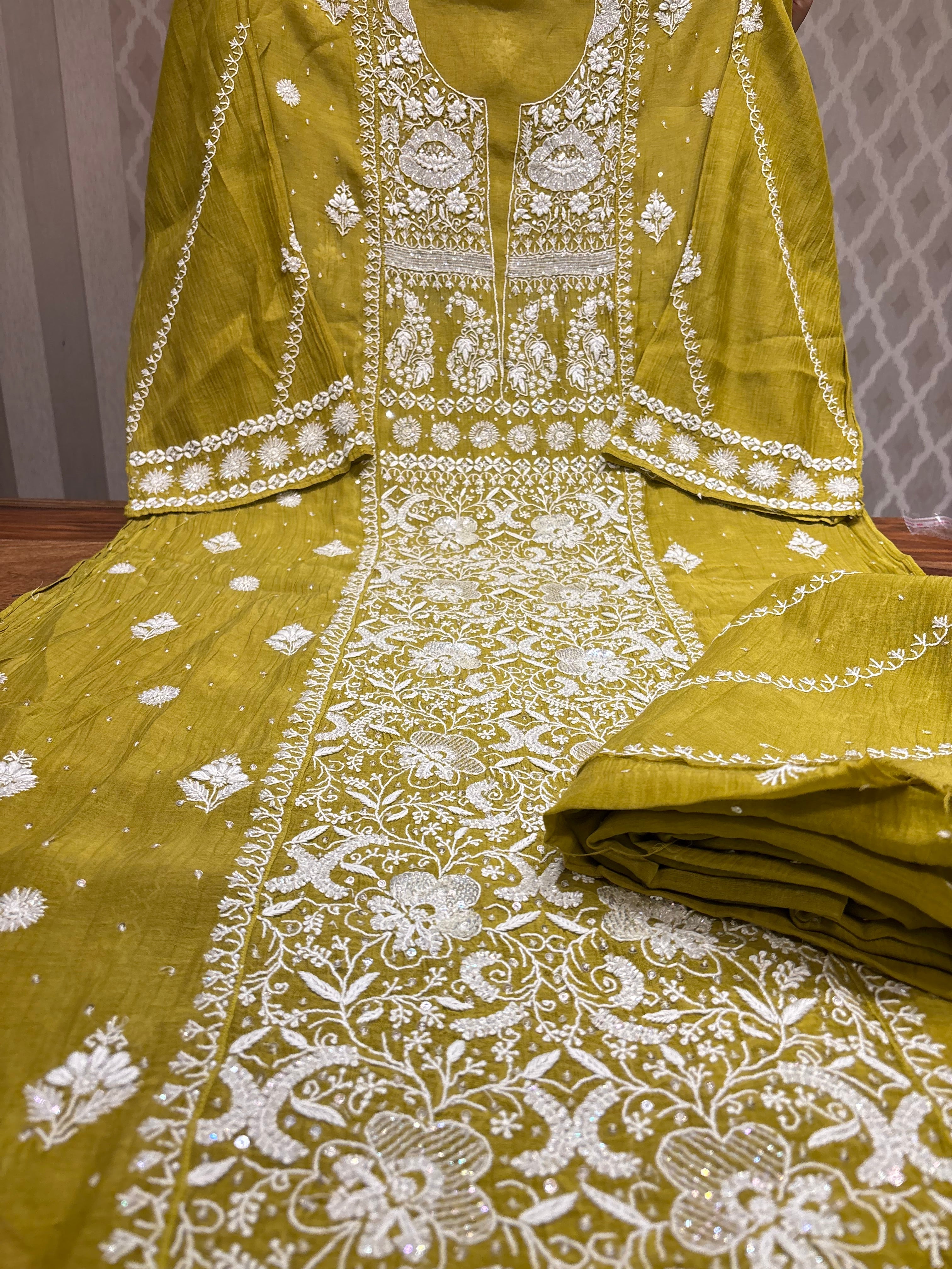 Olive Green Chanderi Mul Chikankari Kurta and Dupatta