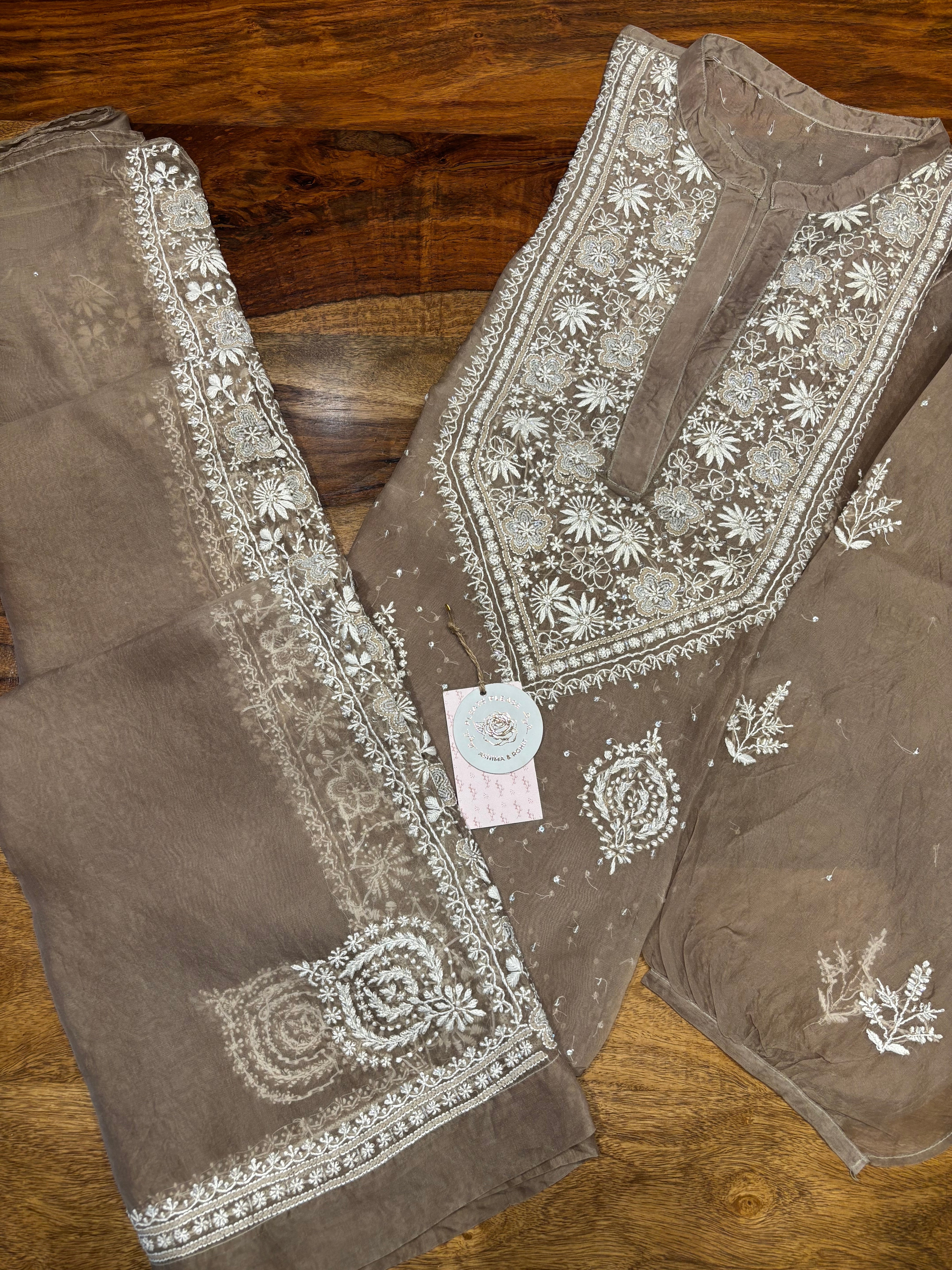 Brown Organza silk Chikankari Co-ord