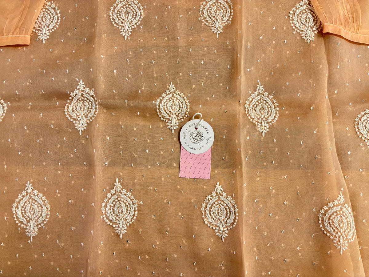 Peach Pure Organza Chikankari Co-ord Set - Pleats PleaseChikankari