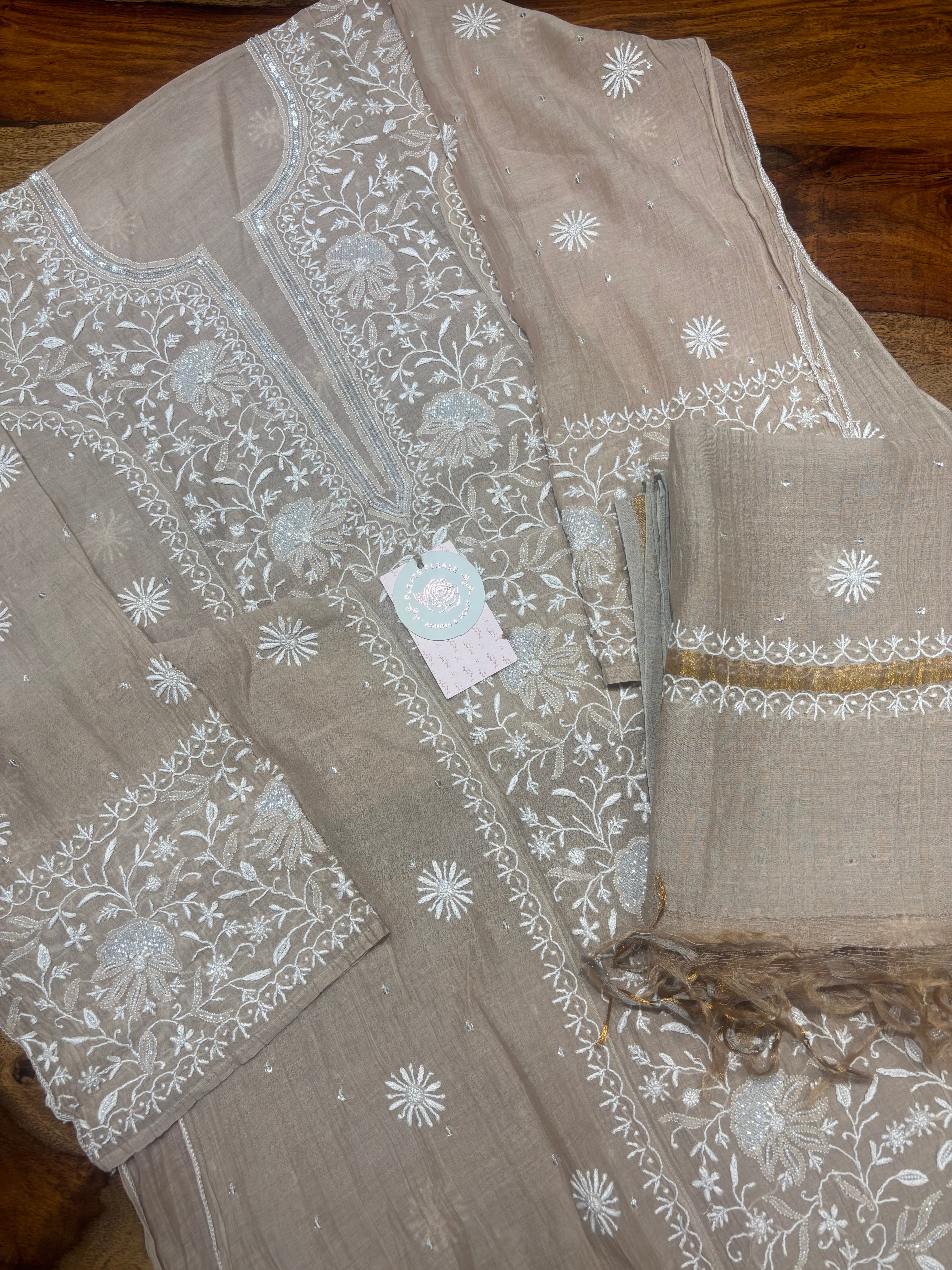 Sand Dune Chanderi Mul Chikankari Kurta & Dupatta Set