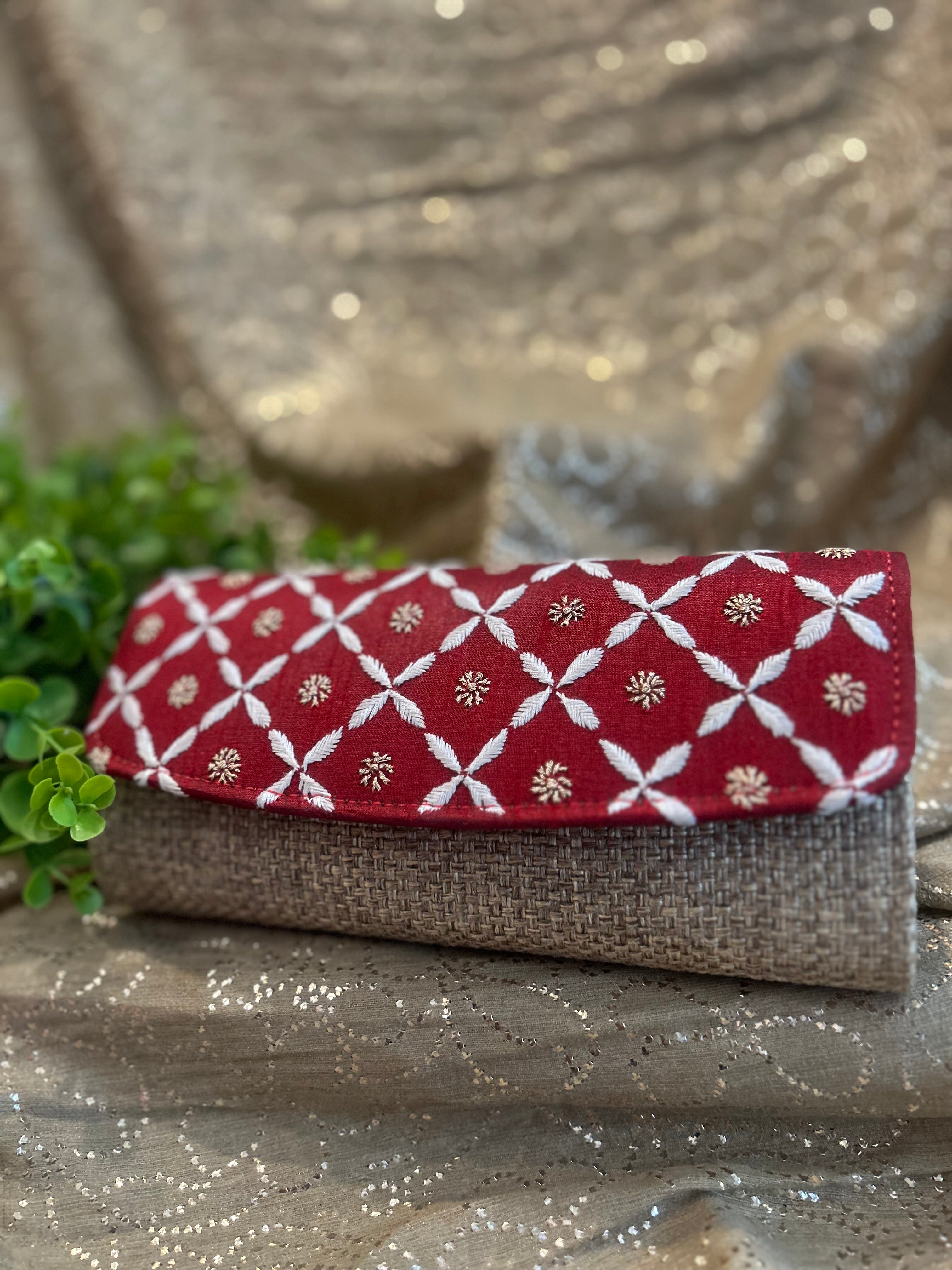 Red Chikankari Jute Bag