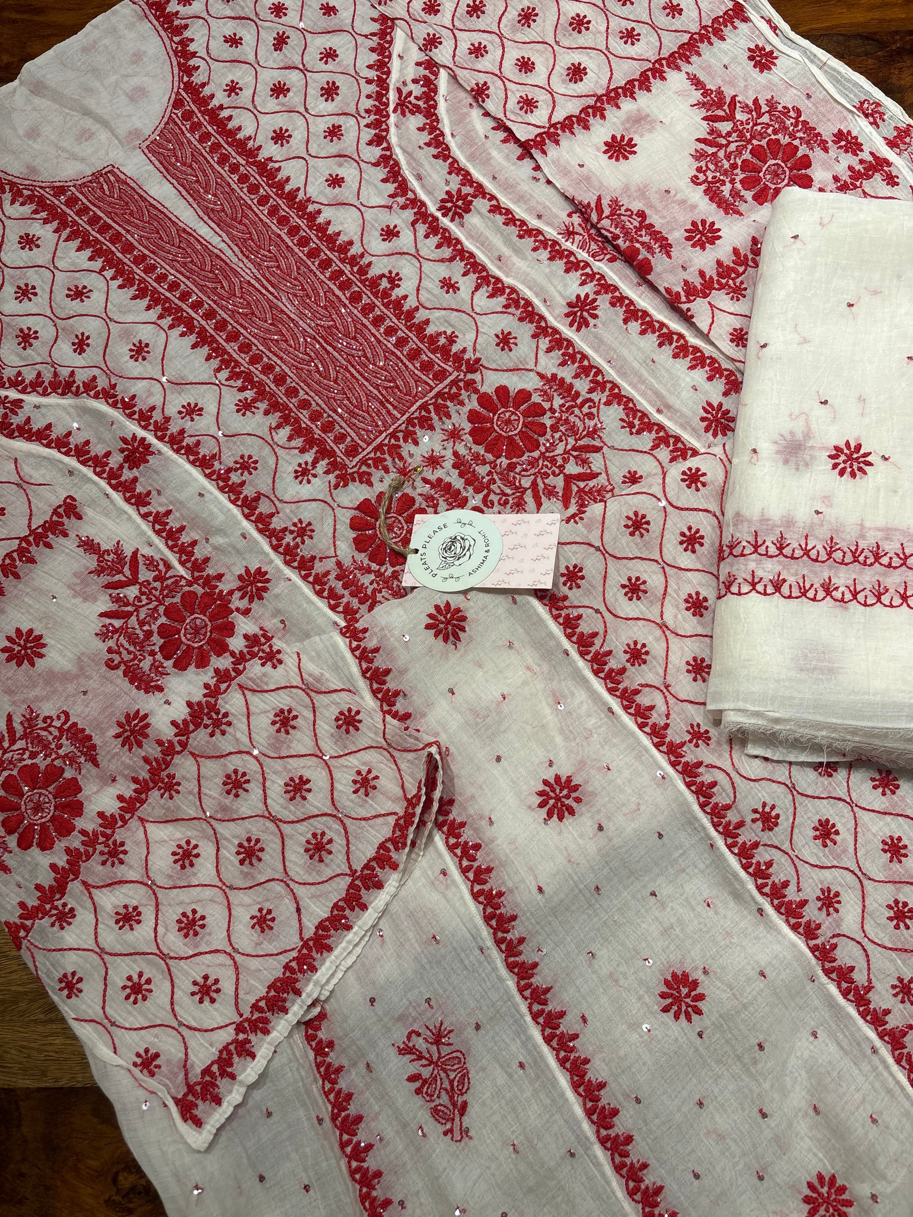 Dyeable Chanderi mul Chikankari Anarkali and Dupatta set