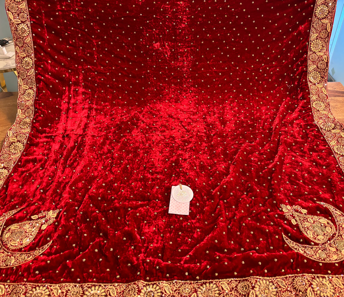 Red Velvet Chikankari Zardozi Embellished Shawl