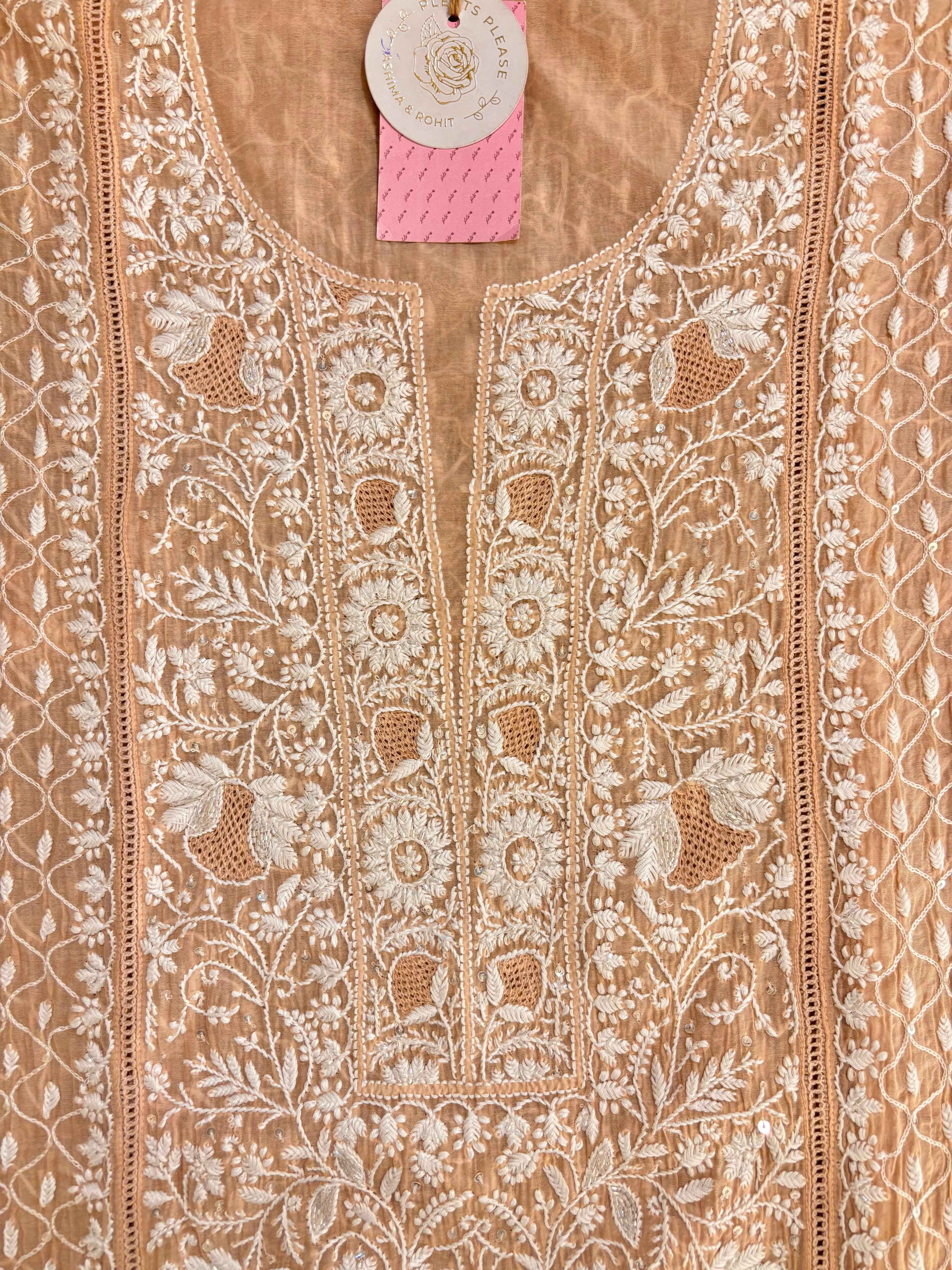 Peach Chanderi Chikankari Kurta & Dupatta