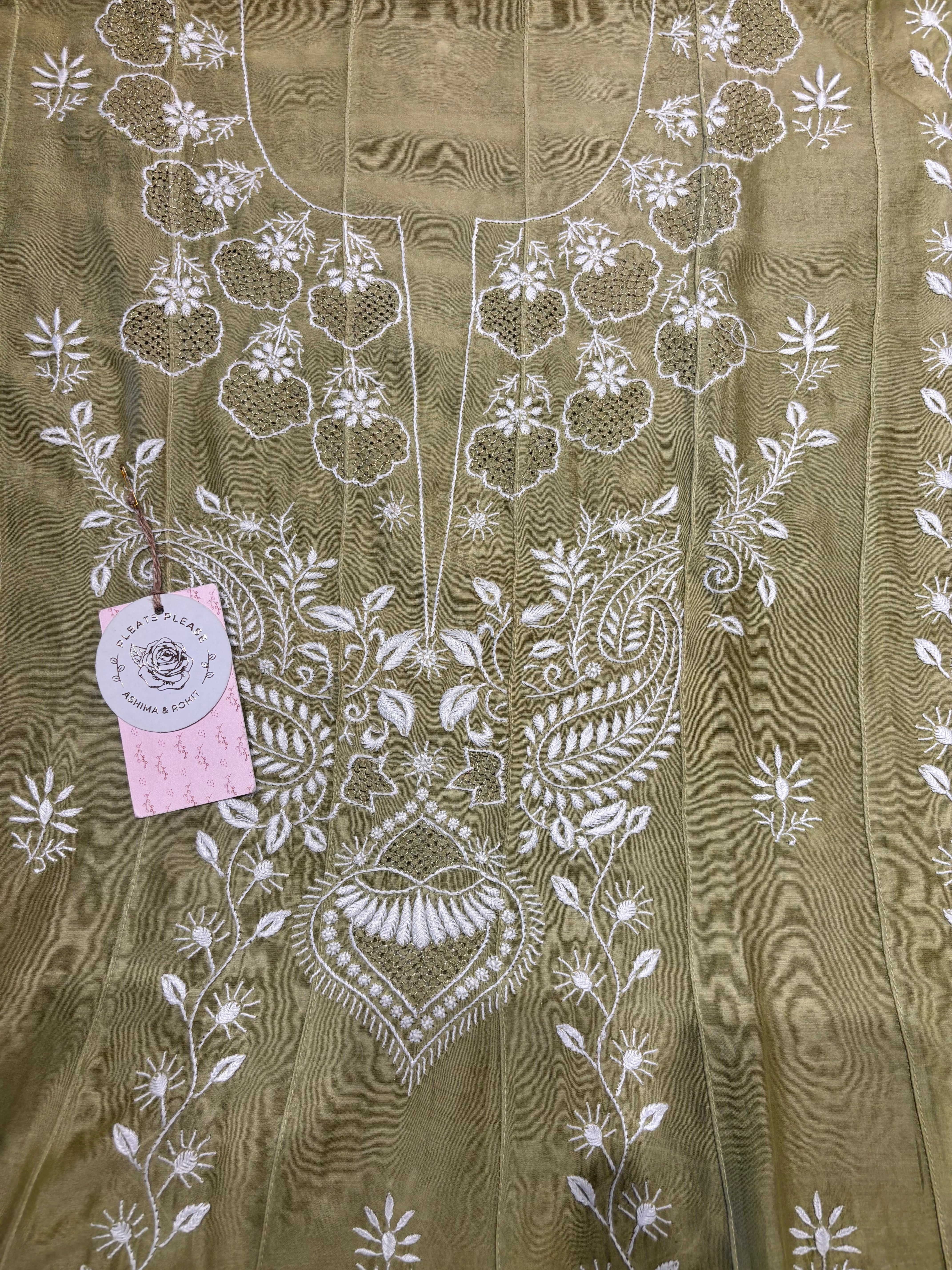 Pastel Olive Green Chanderi silk Chikankari Anarkali and Dupatta set