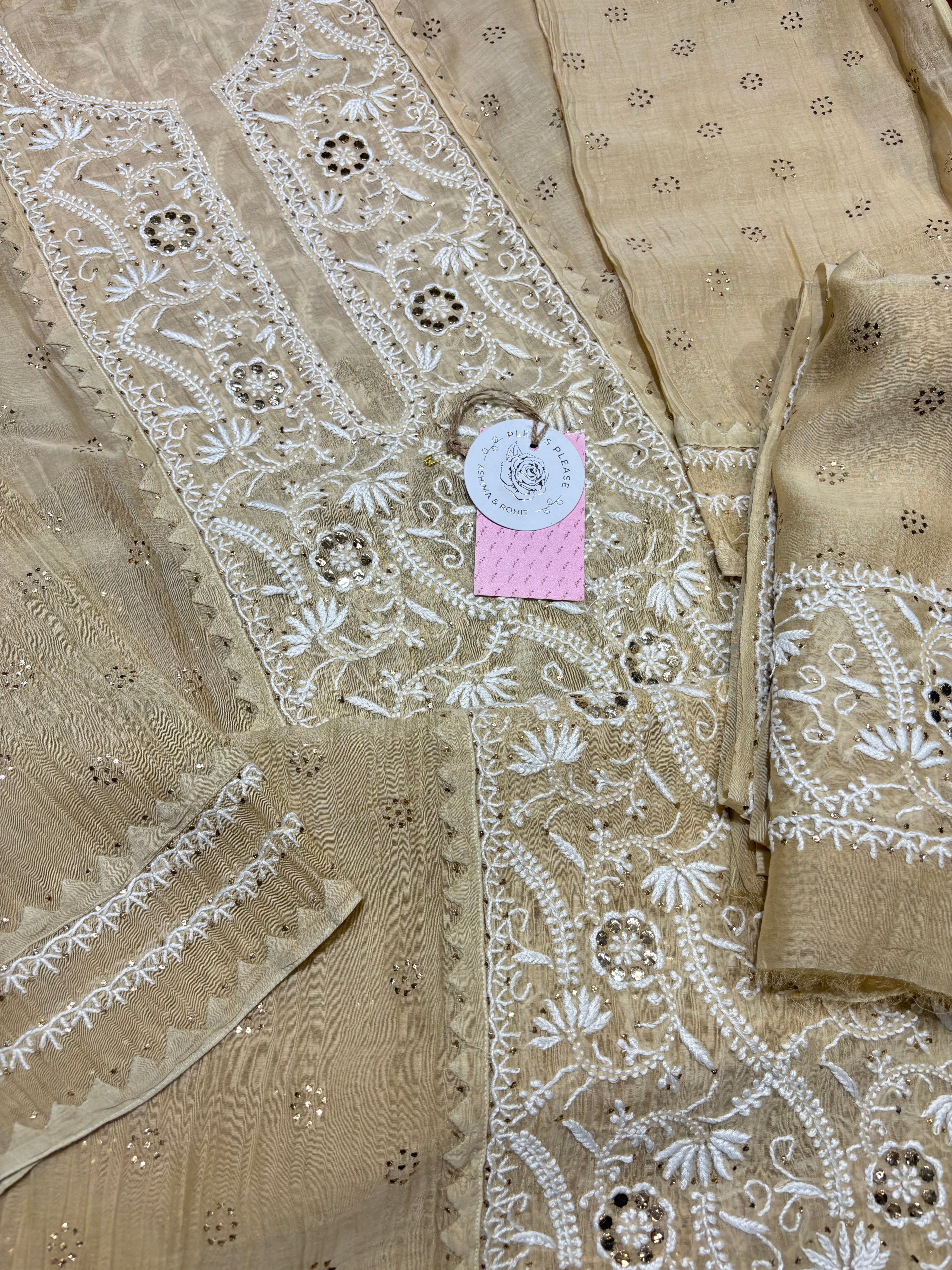 Beige Chanderi Mul Chikankari and Mukaish kurta and Dupatta set