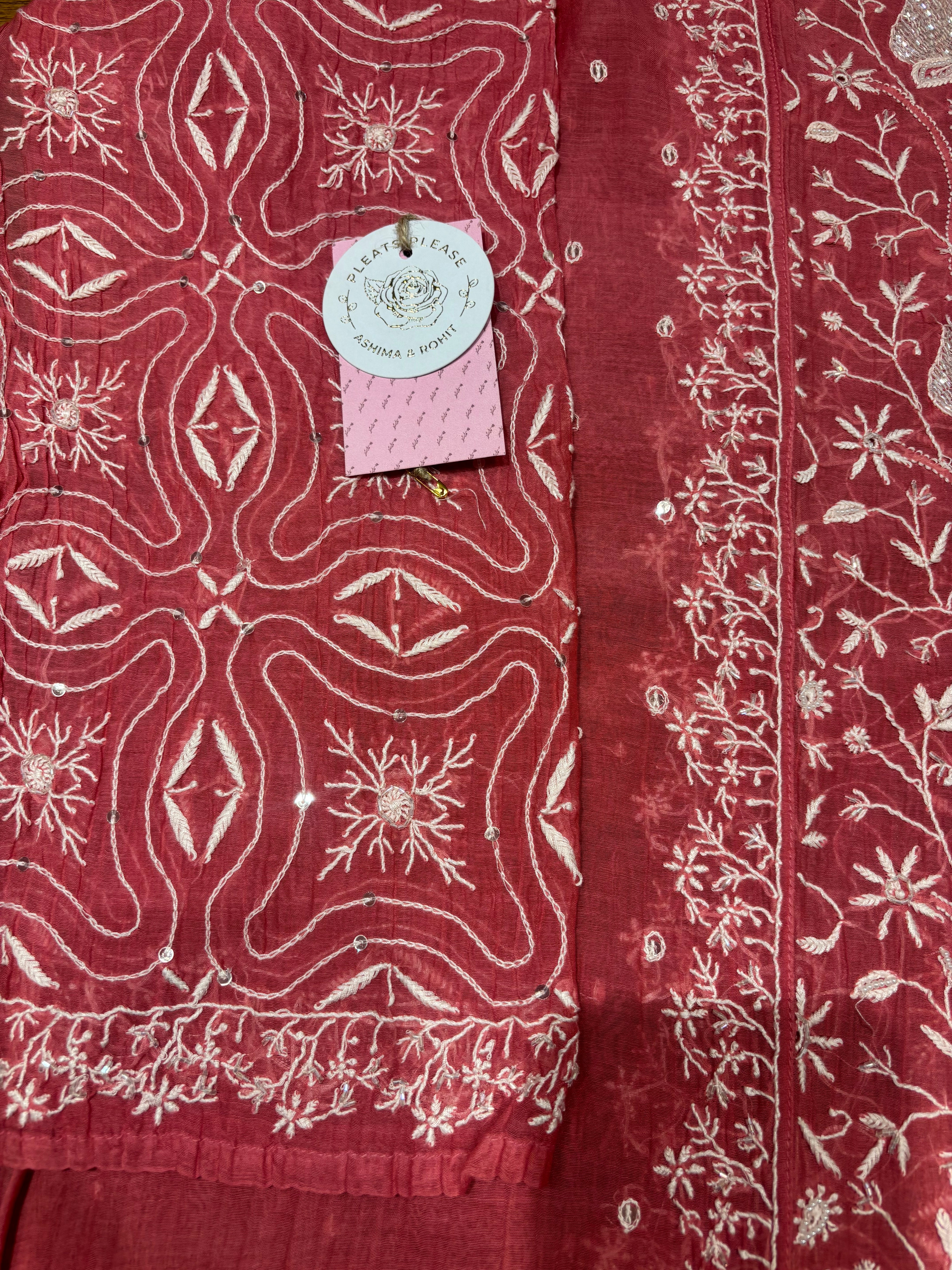 Coral Pink Chanderi Mul Chikankari Kurta & Dupatta Set