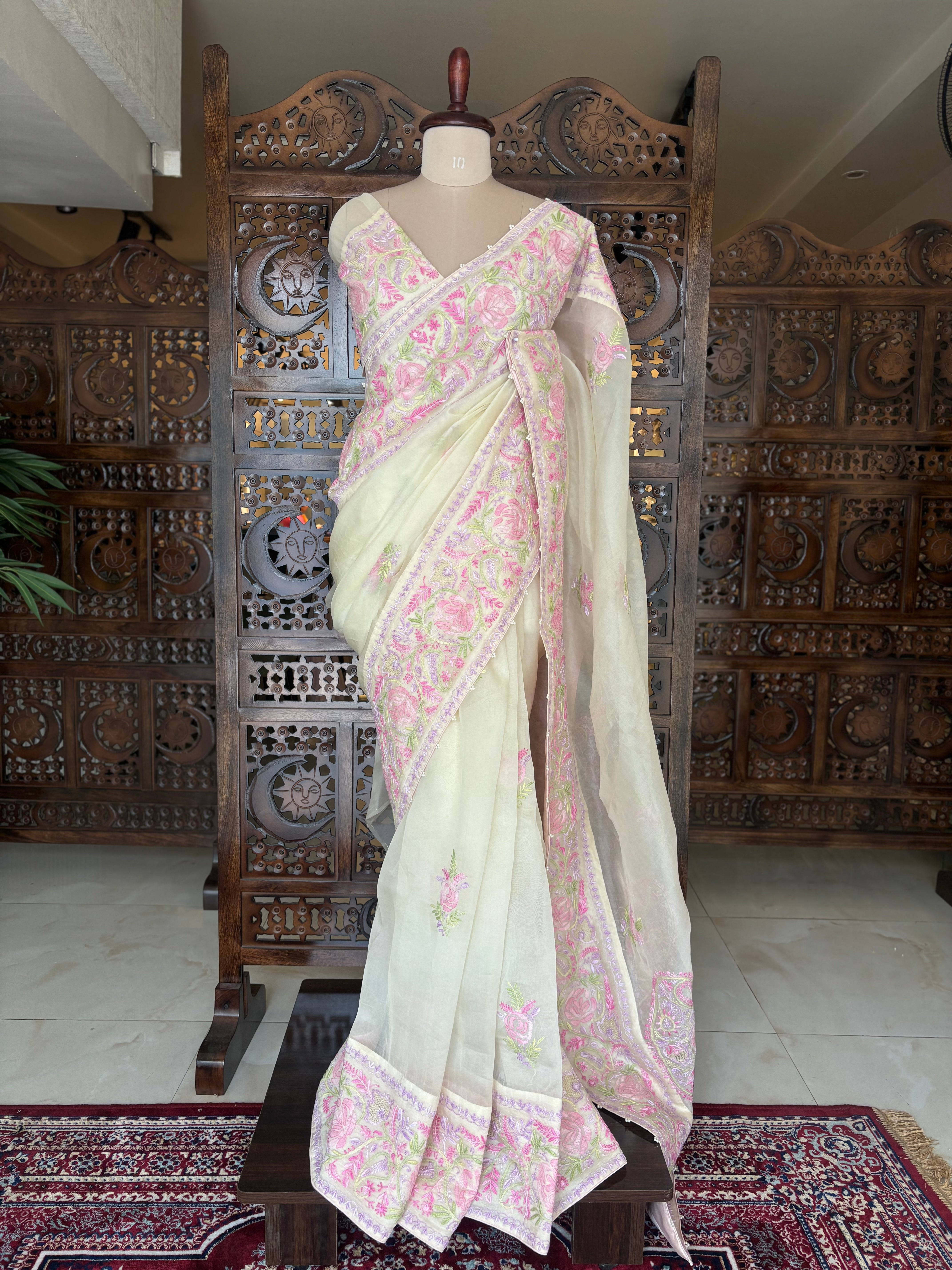 Lime Yellow Organza Silk Chikankari Saree and Blouse - Pleats PleaseChikankari