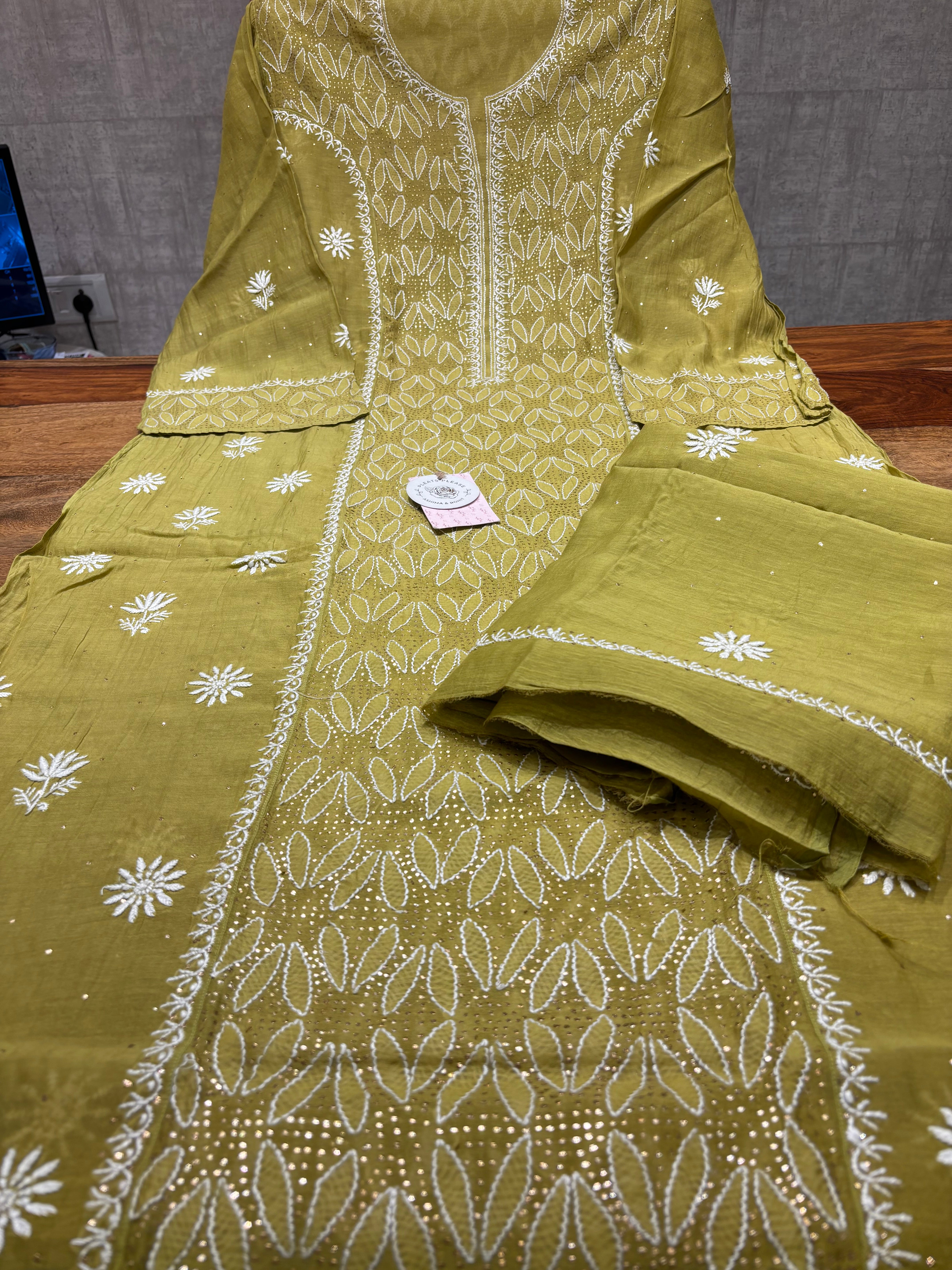 Dhani Green Chanderi Mul Chikankari & Mukaish Kurta & Dupatta Set