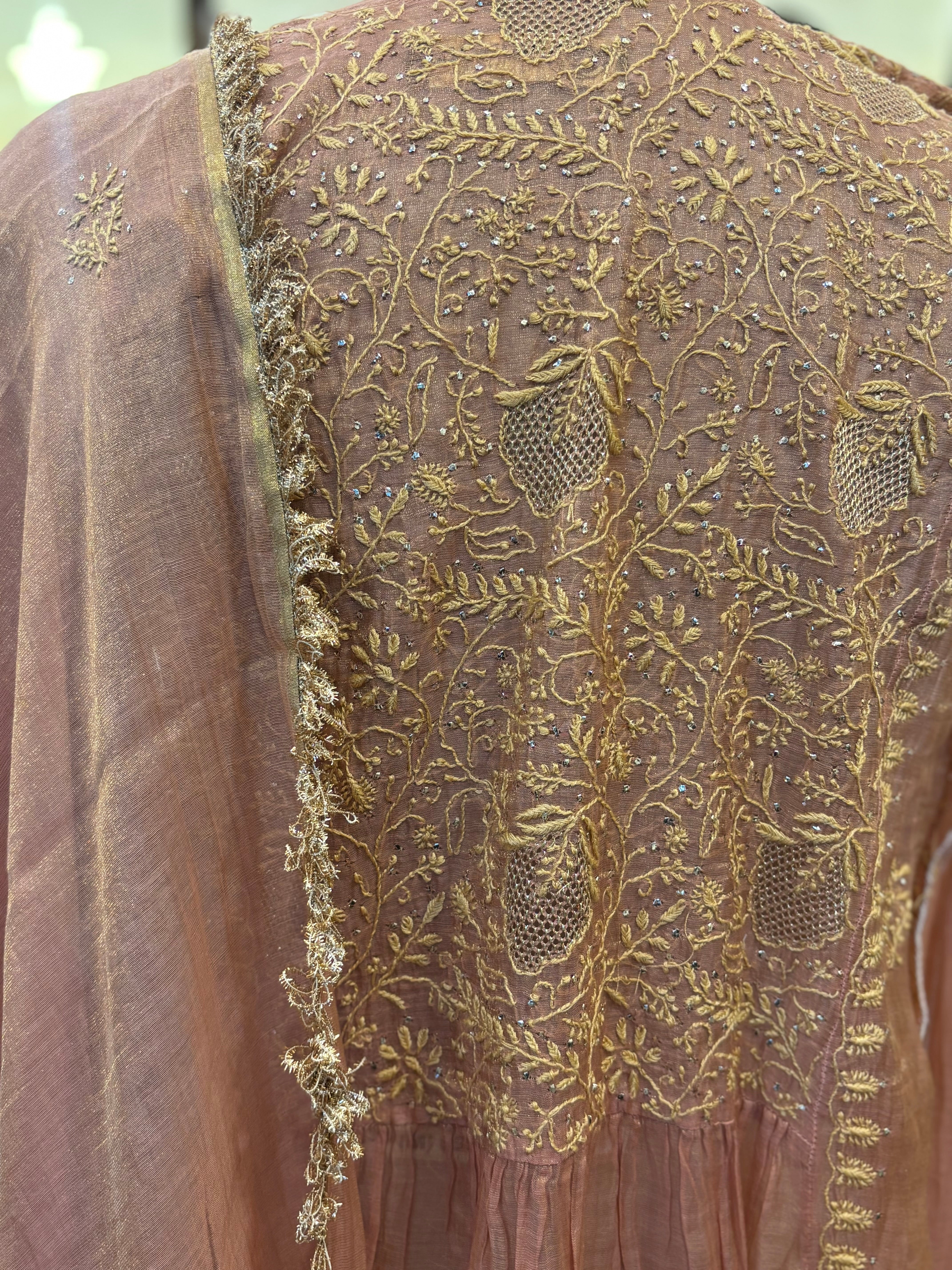 Rose Gold pure & Premium Tissue Chikankari & Mukaish Angrakha Kurta and Dupatta Set