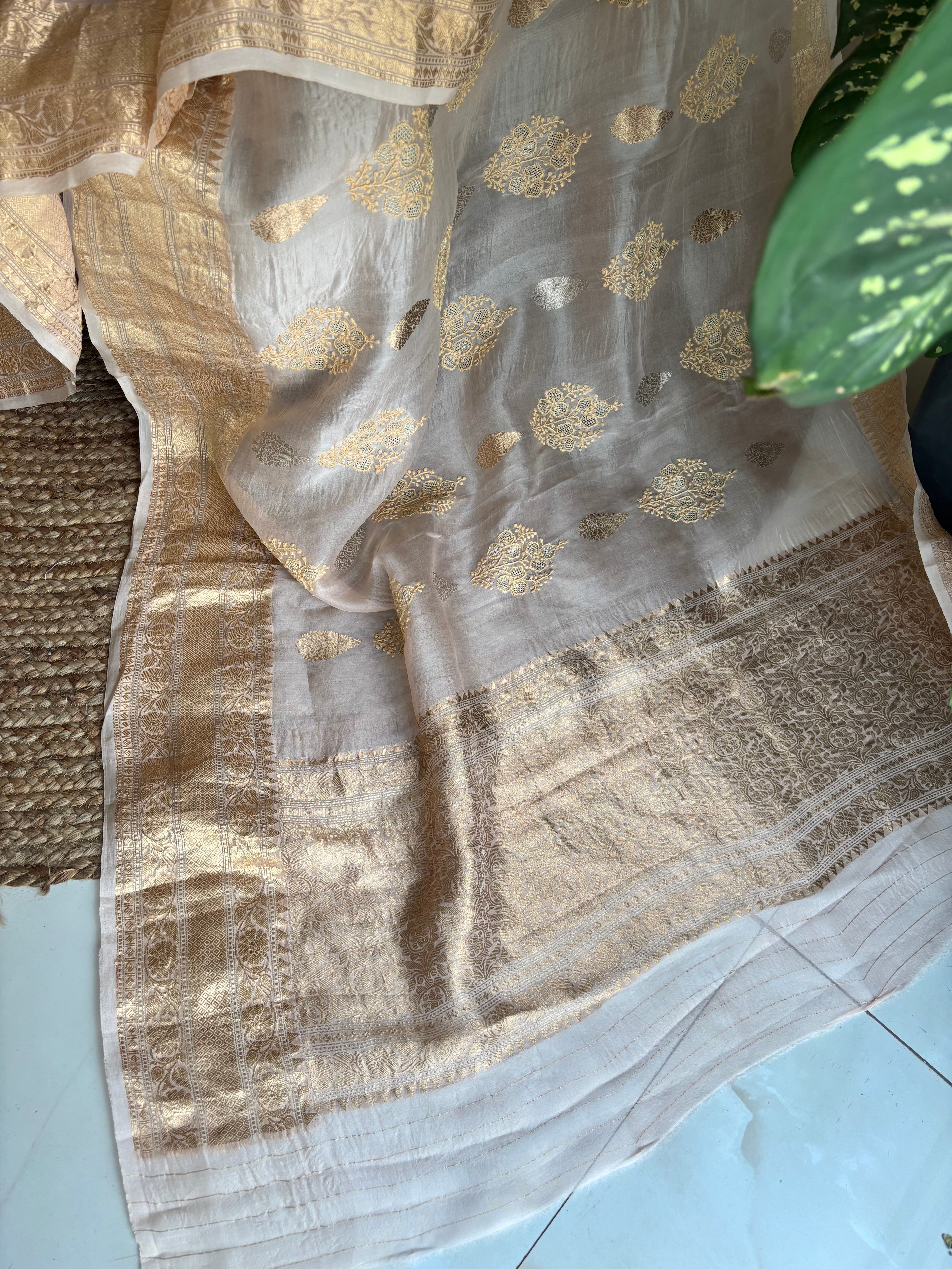 Rose Gold organza Kora Silk Chikankari Saree and Blouse