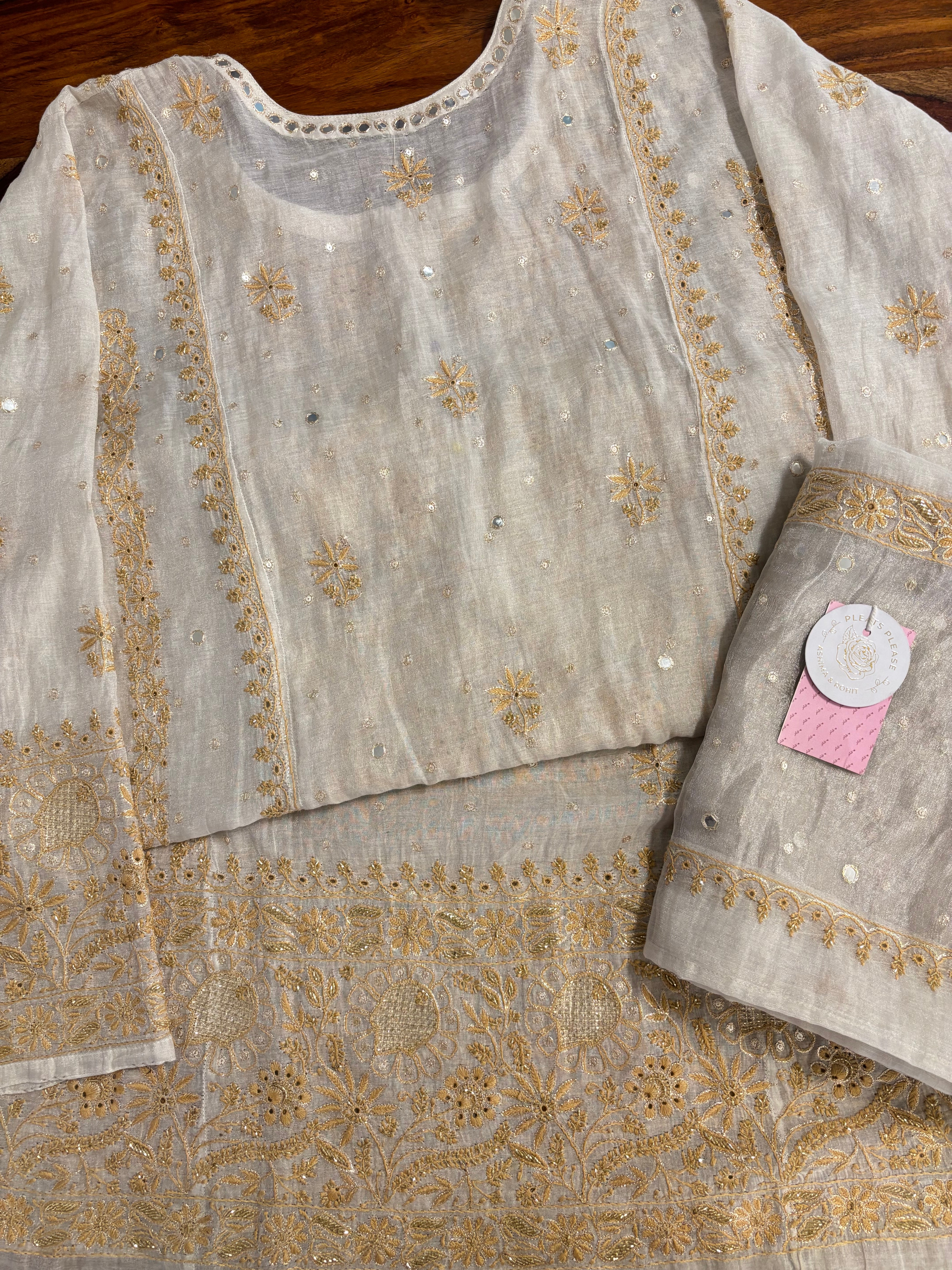 Dyeable Silver Tissue Mirror Neckline Chikankari Kurta & Dupatta - Pleats PleaseChikankari