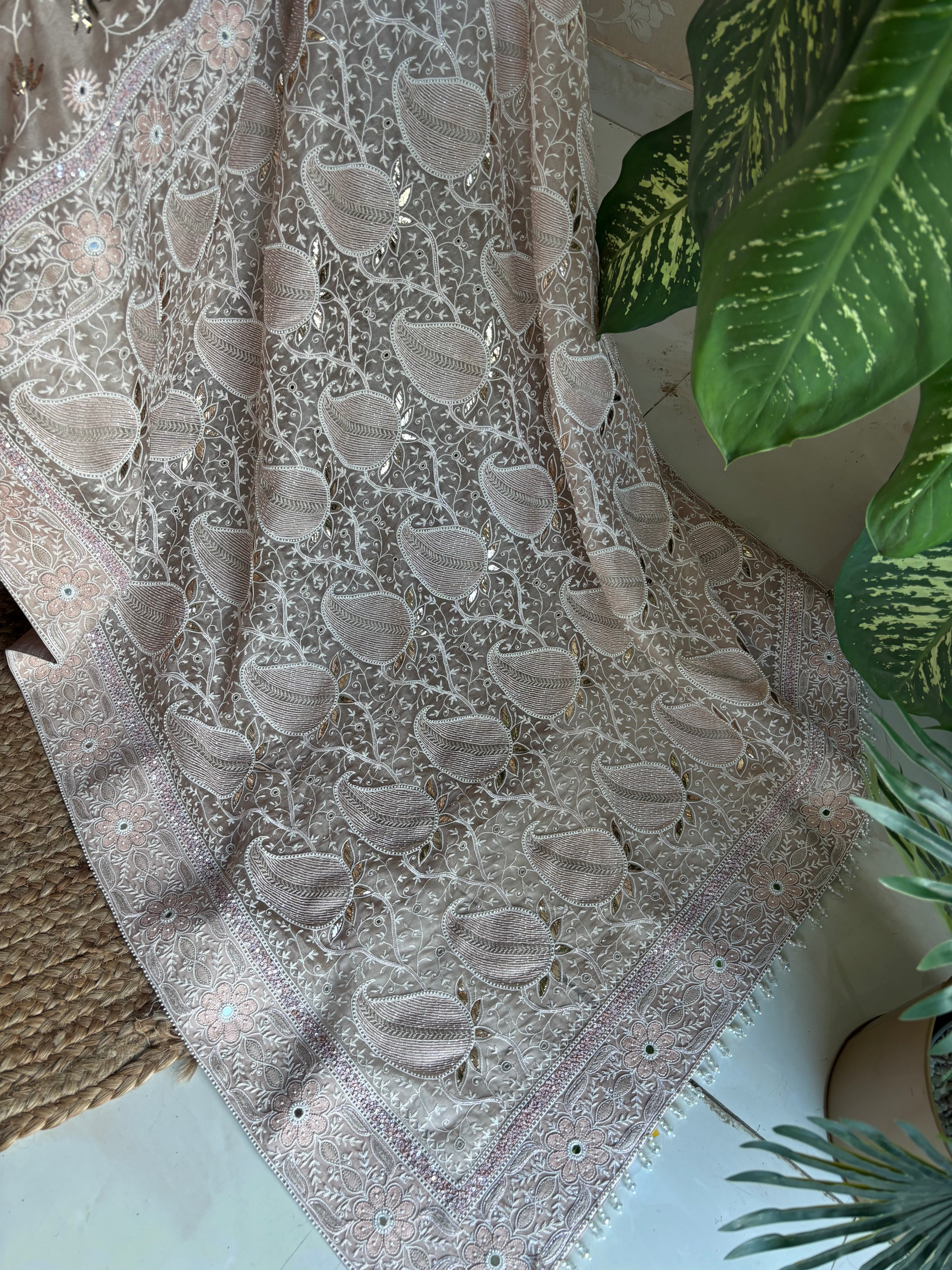 Dusty Peach Pure And Premium Organza Chikankari and Mukaish Saree