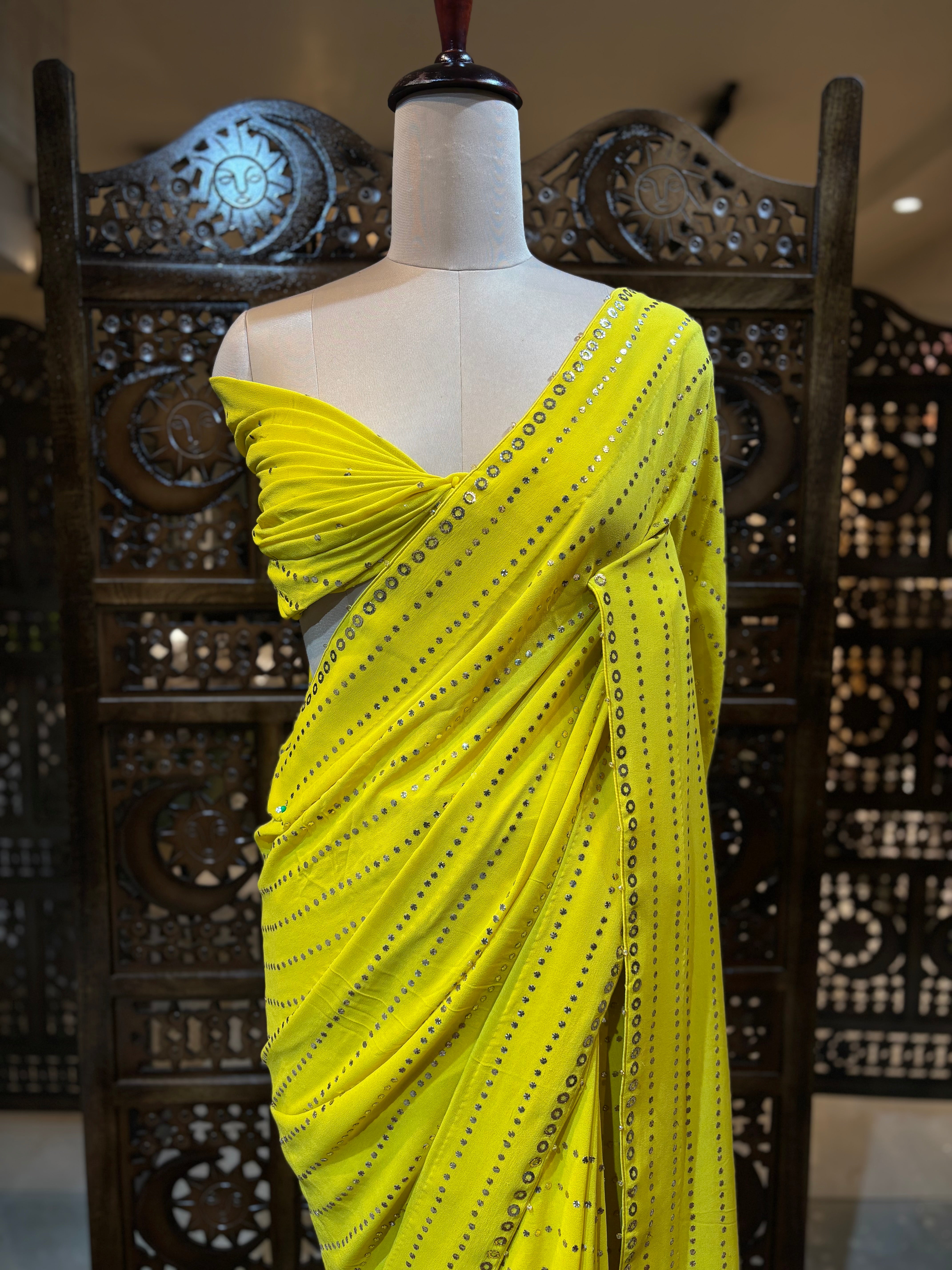 Dhaani Green Pure & Premium Georgette Mukaish Saree & Blouse - Pleats PleaseChikankari