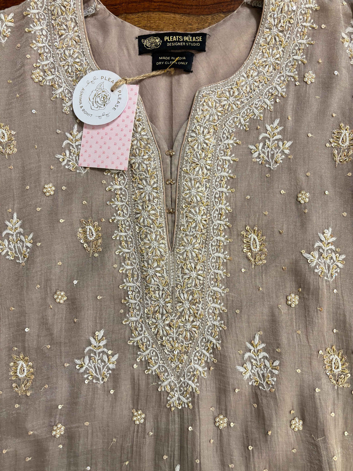 Taupe-Brown Pure & Premium Tissue Chikankari Kurta, Dupatta With Bottom