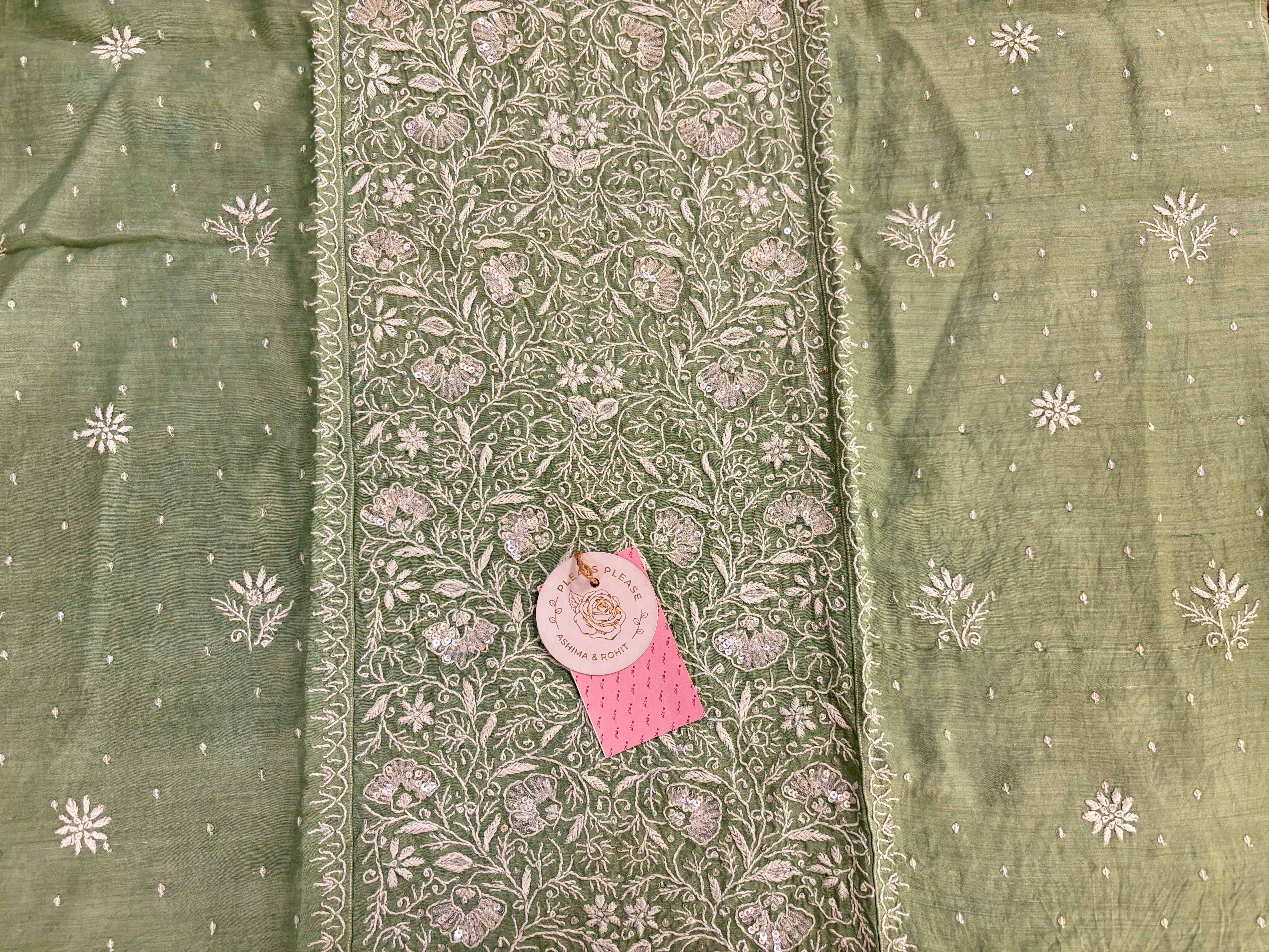 Sage Green Monga Silk Chikankari Kurta & Dupatta