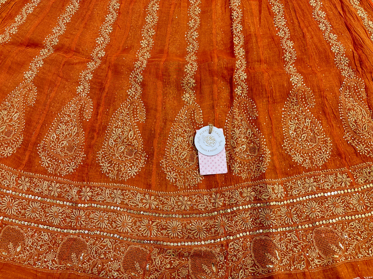 Burnt Orange Pure & Premium Tissue Chikankari Mukaish Bajirao Anarkali & Dupatta