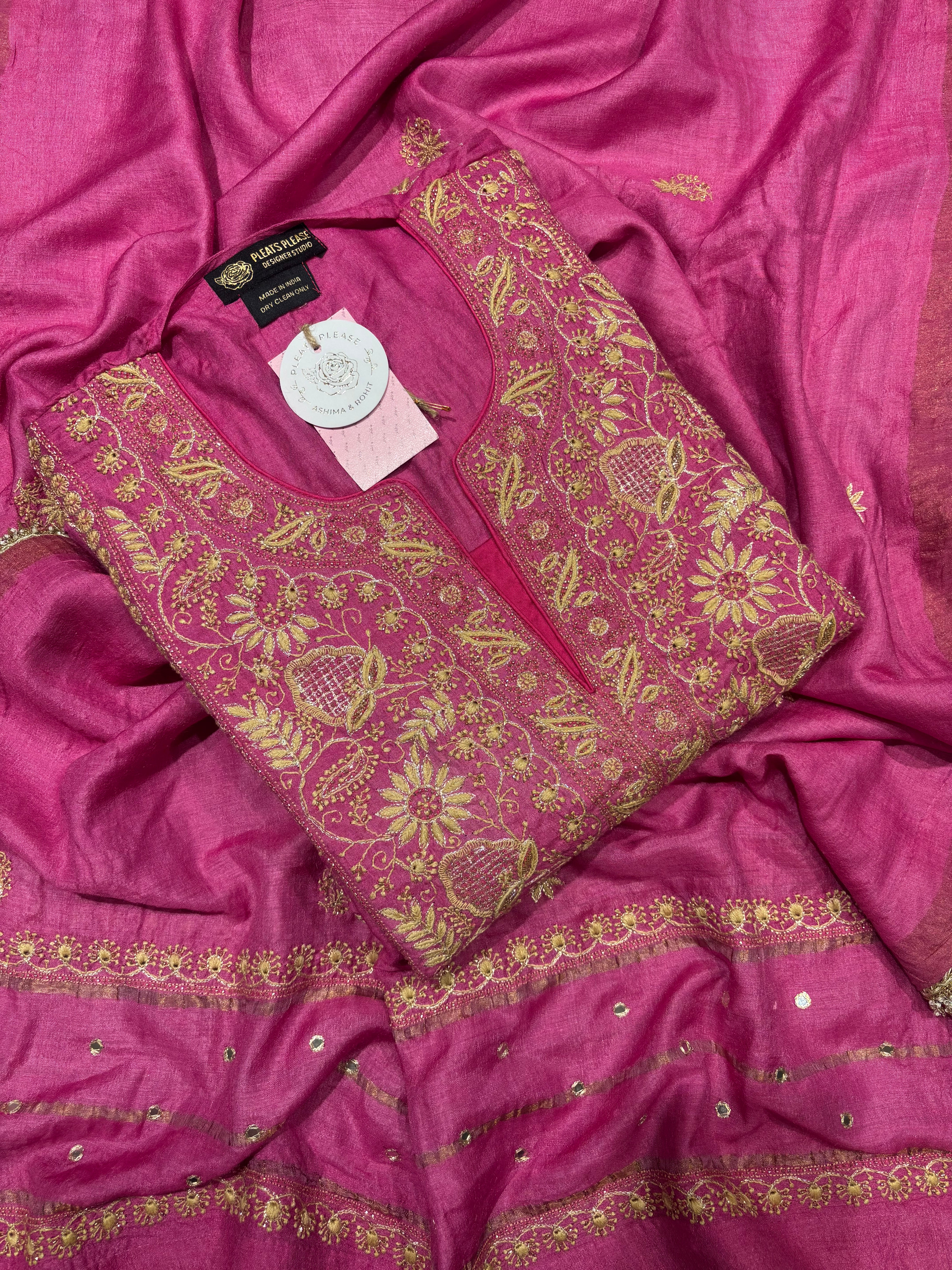 Magenta Pink Pure & Premium Monga Silk Chikankari Kurta, Dupatta & Bottom Fabric