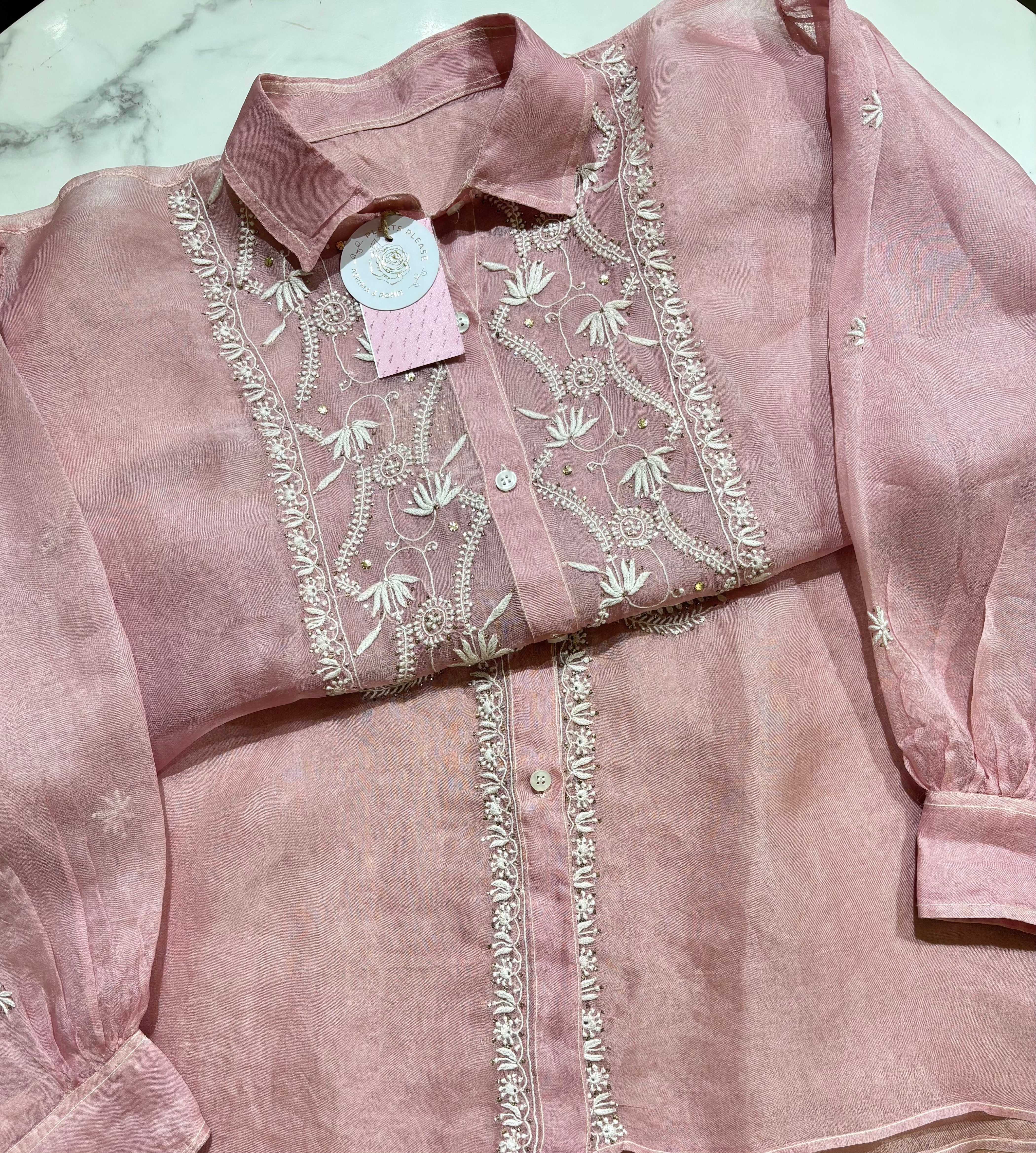 Blush Pink Pure Organza Chikankari Shirt - Pleats PleaseChikankari