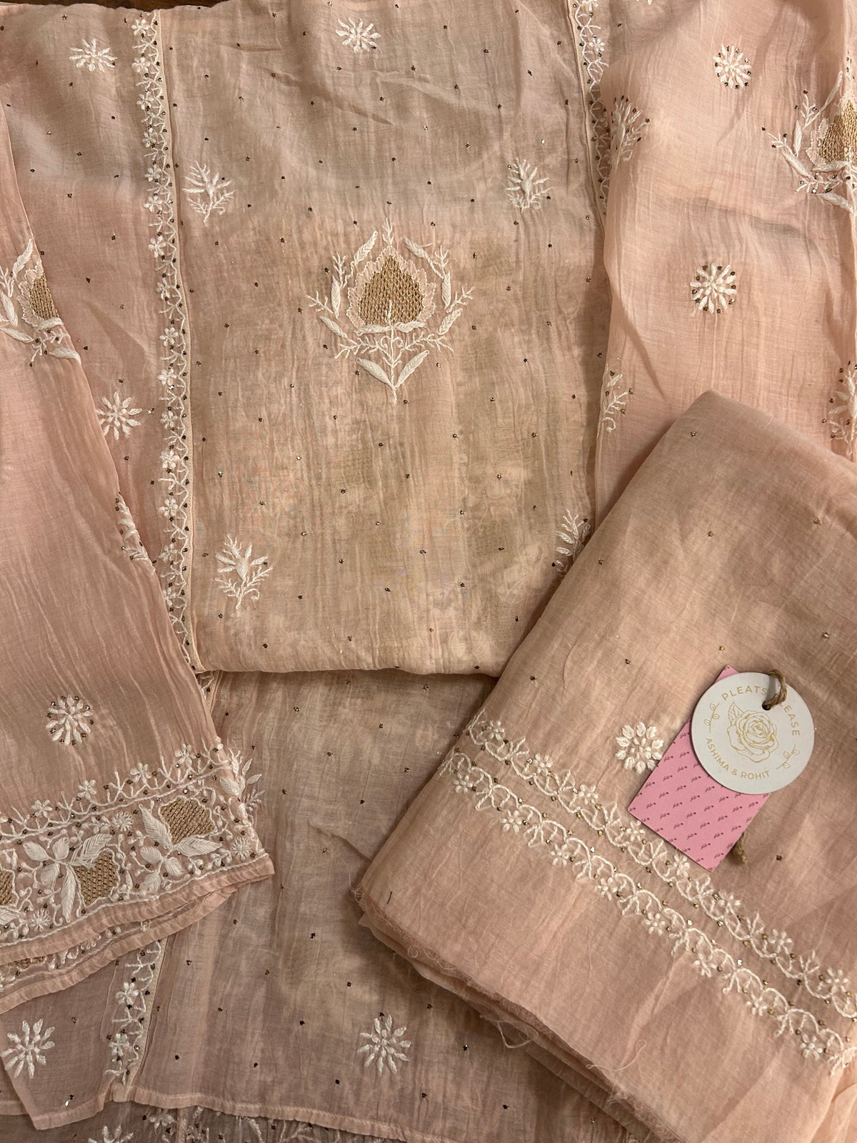 Pastel Peach Chanderi Mul Chikankari Mukaish Kurta & Dupatta