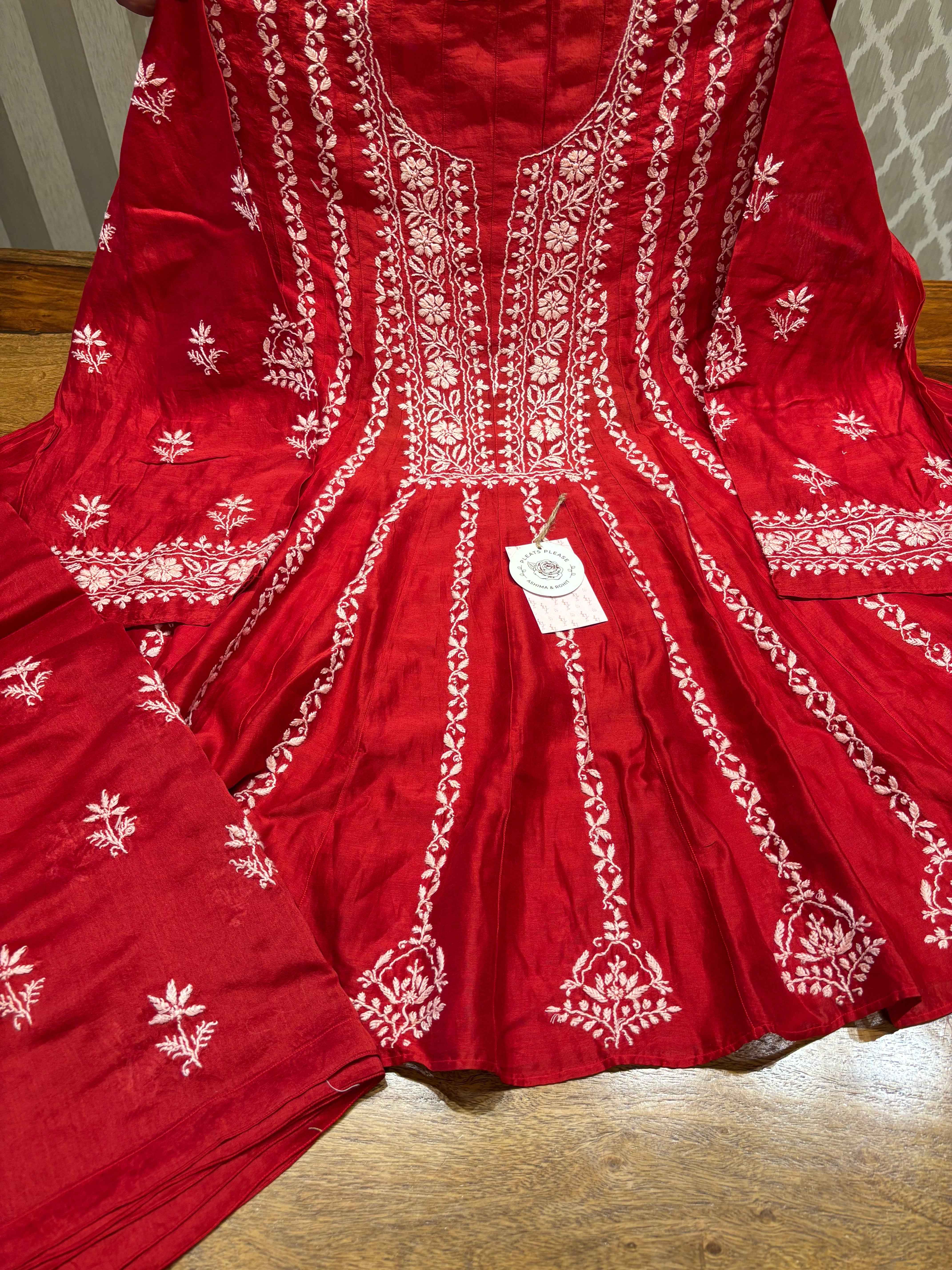 Red Chanderi Silk Chikankari Co-ord Set - Pleats PleaseChikankari