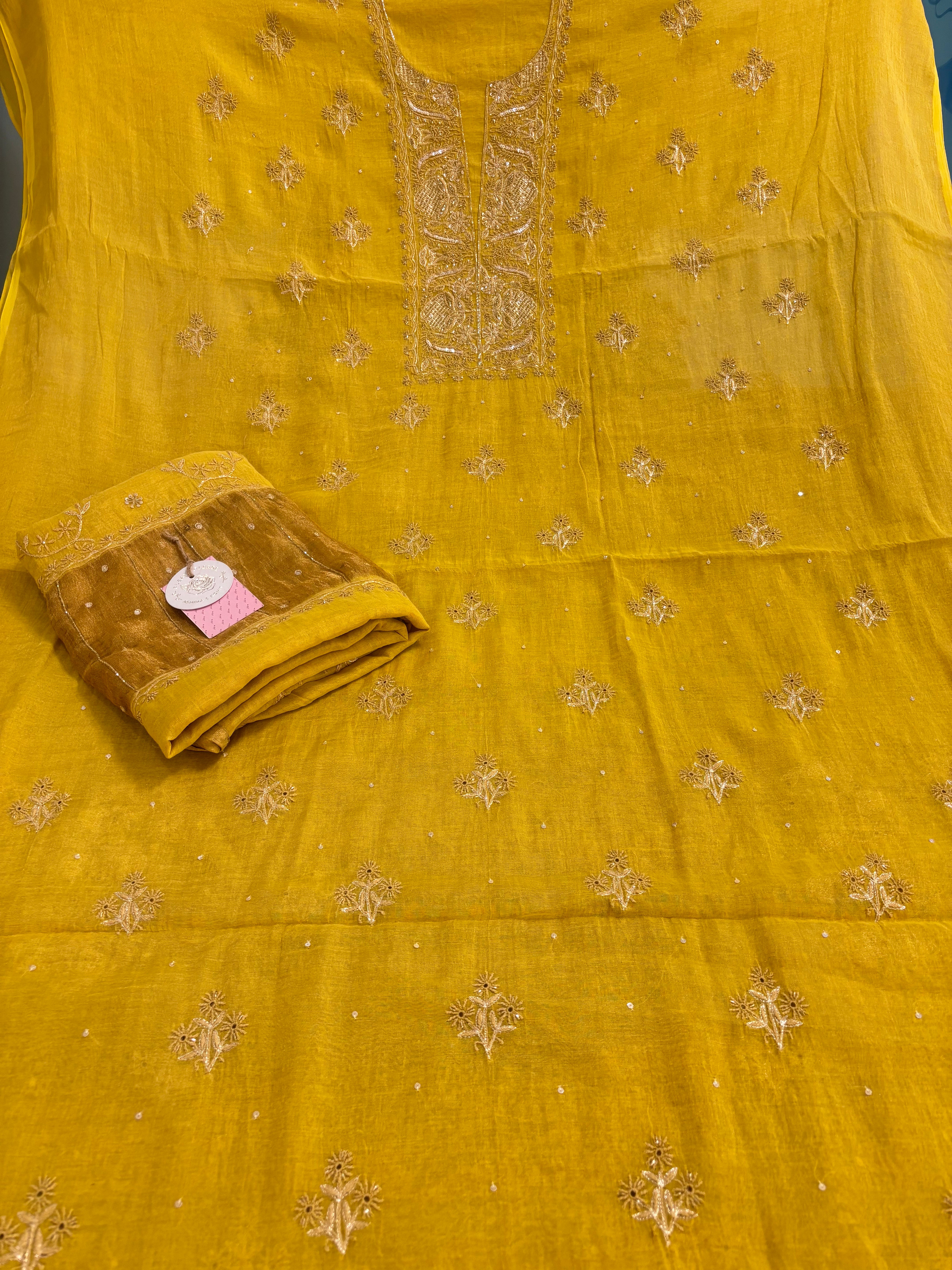 Yellow Pure & Premium Tissue Chikankari Kurta & Dupatta