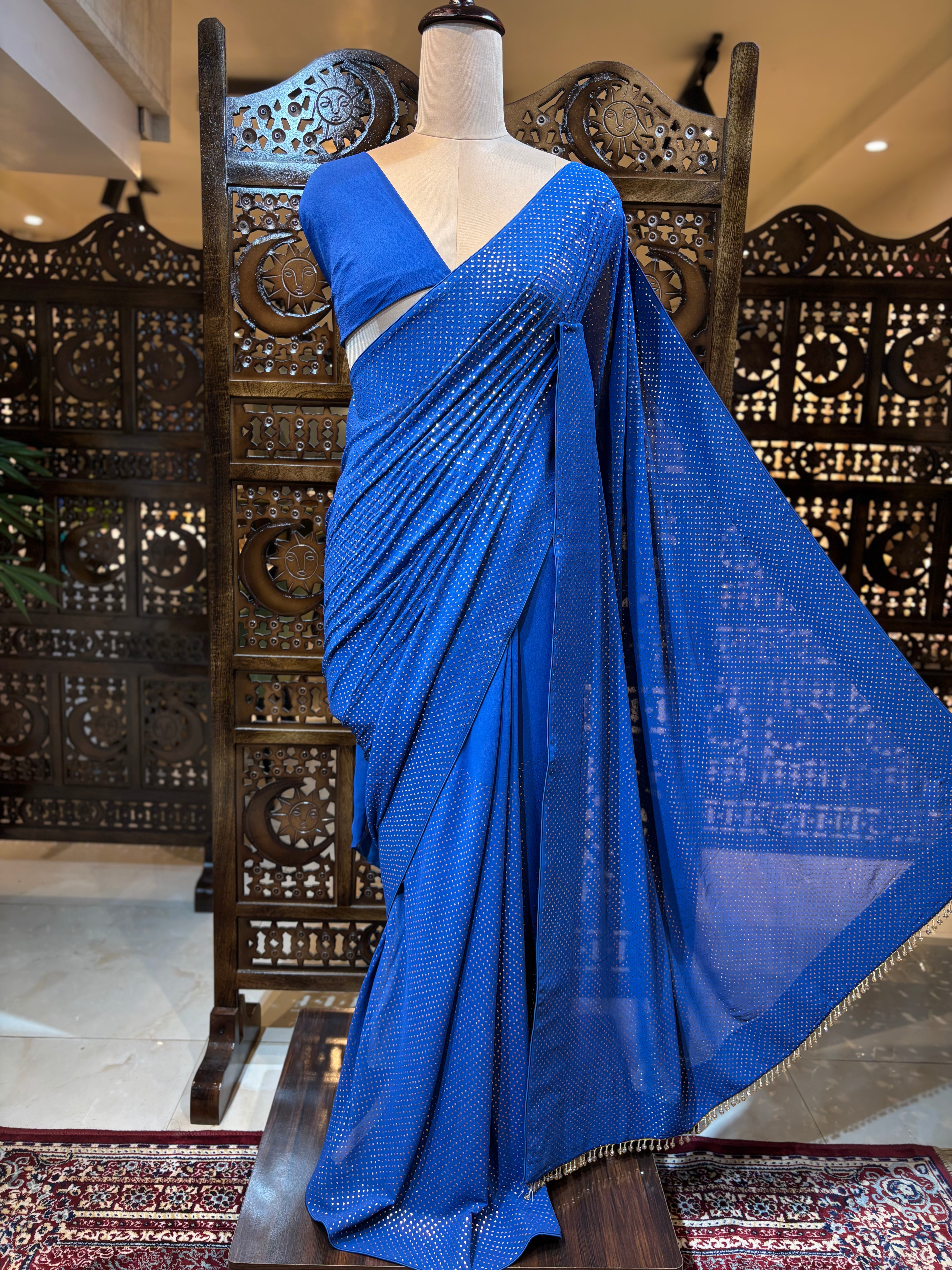 Electric Blue Pure & Premium Georgette Mukaish Saree & Blouse - Pleats PleaseChikankari
