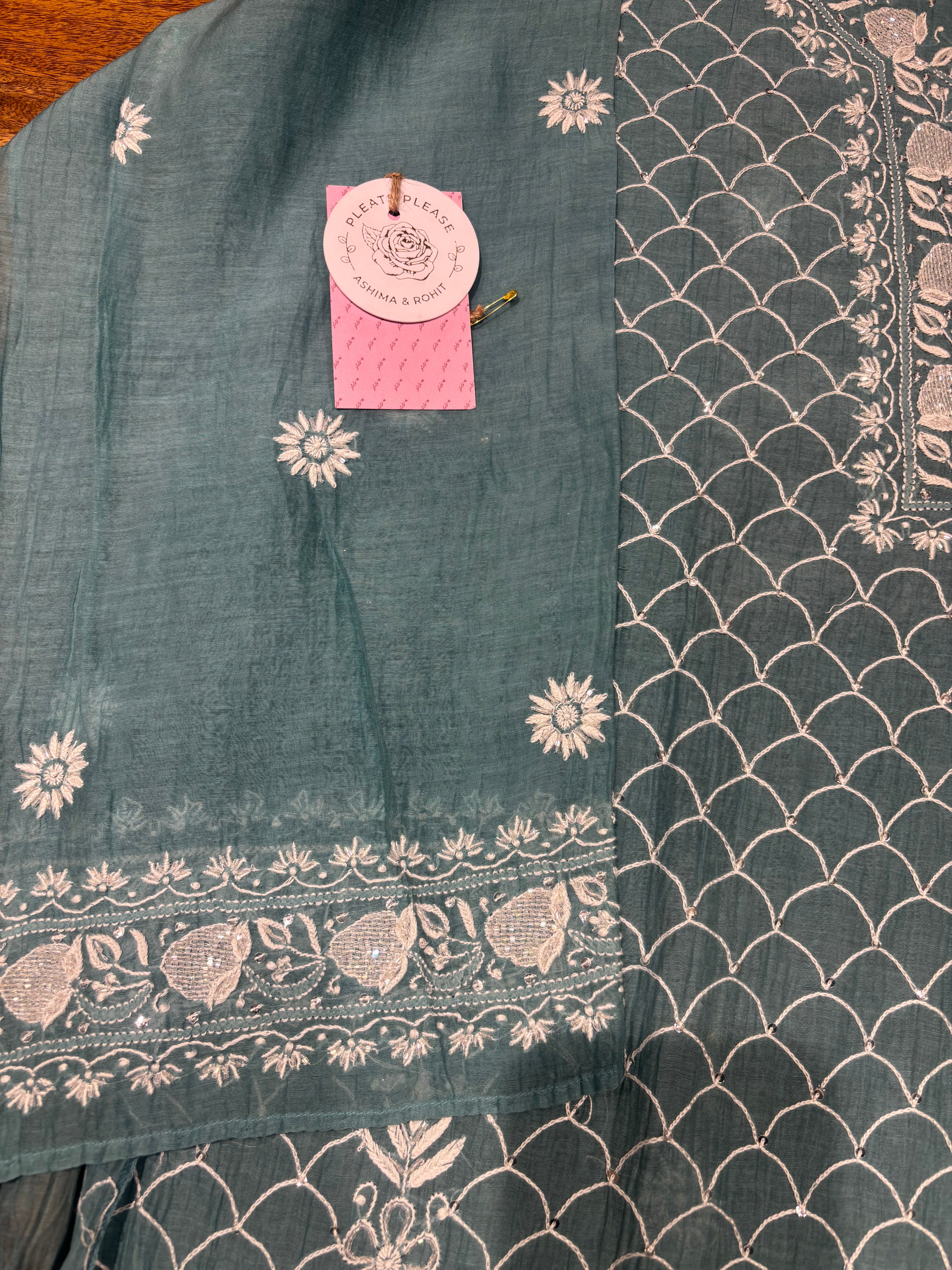 Turquoise Blue Chanderi Mul Chikankari Kurta & Dupatta Set