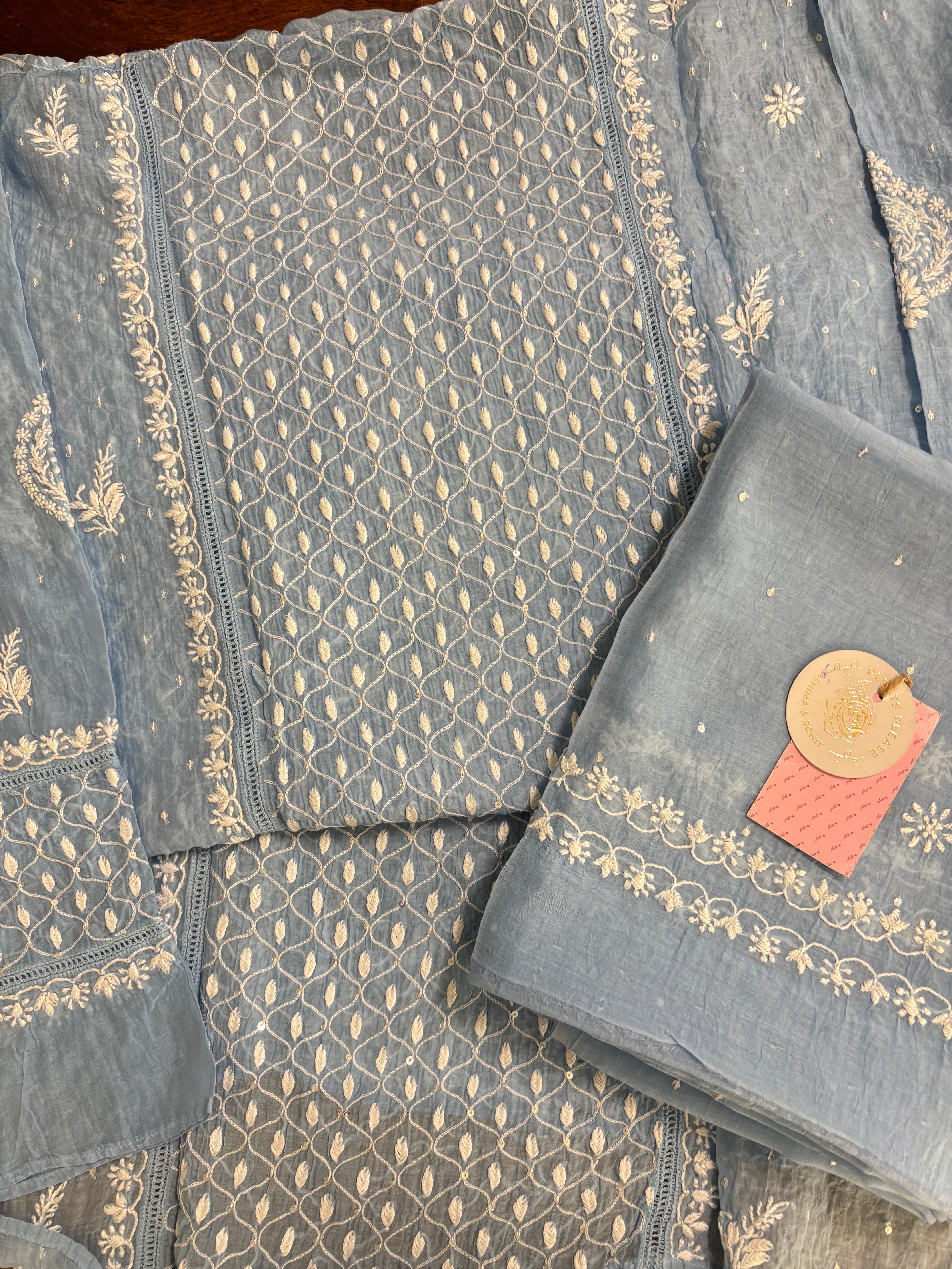 Powder Blue Chanderi Mul Chikankari Kurta and Dupatta